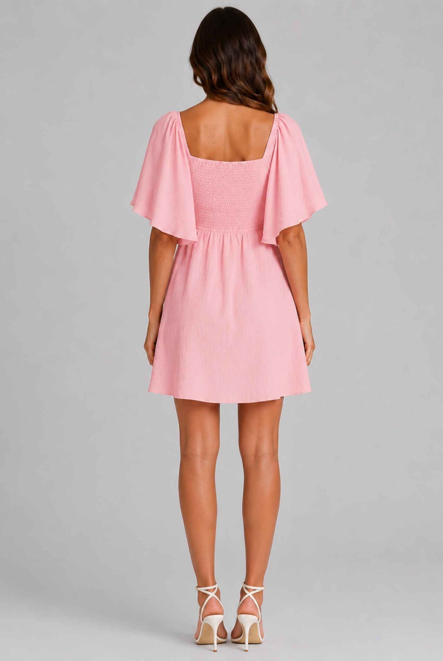 Virtual Model wearing The Melody Flutter Sleeve Mini Tie-Front Flutter-Sleeve Pink Mini Dress