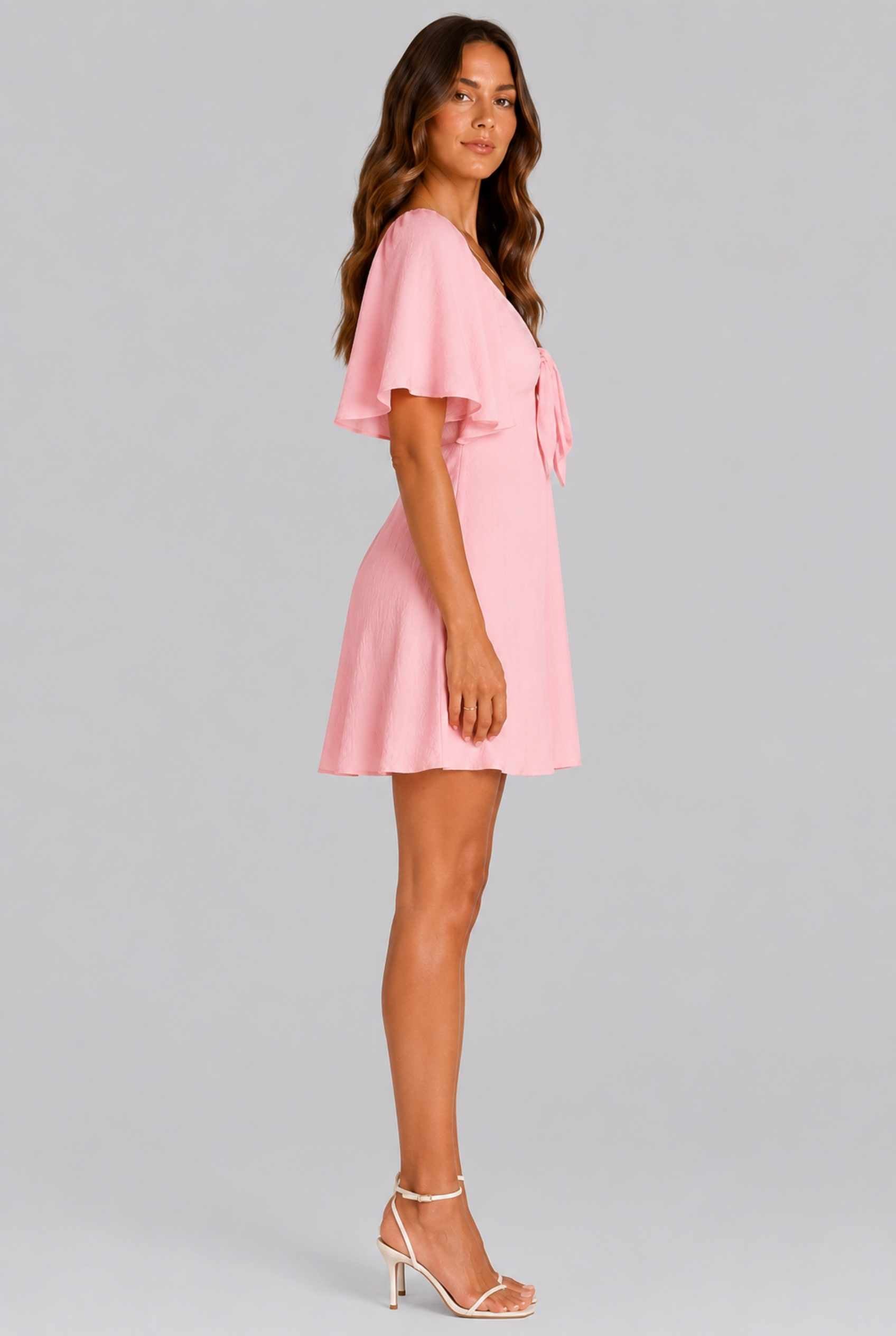 Virtual Model wearing The Melody Flutter Sleeve Mini Tie-Front Flutter-Sleeve Pink Mini Dress