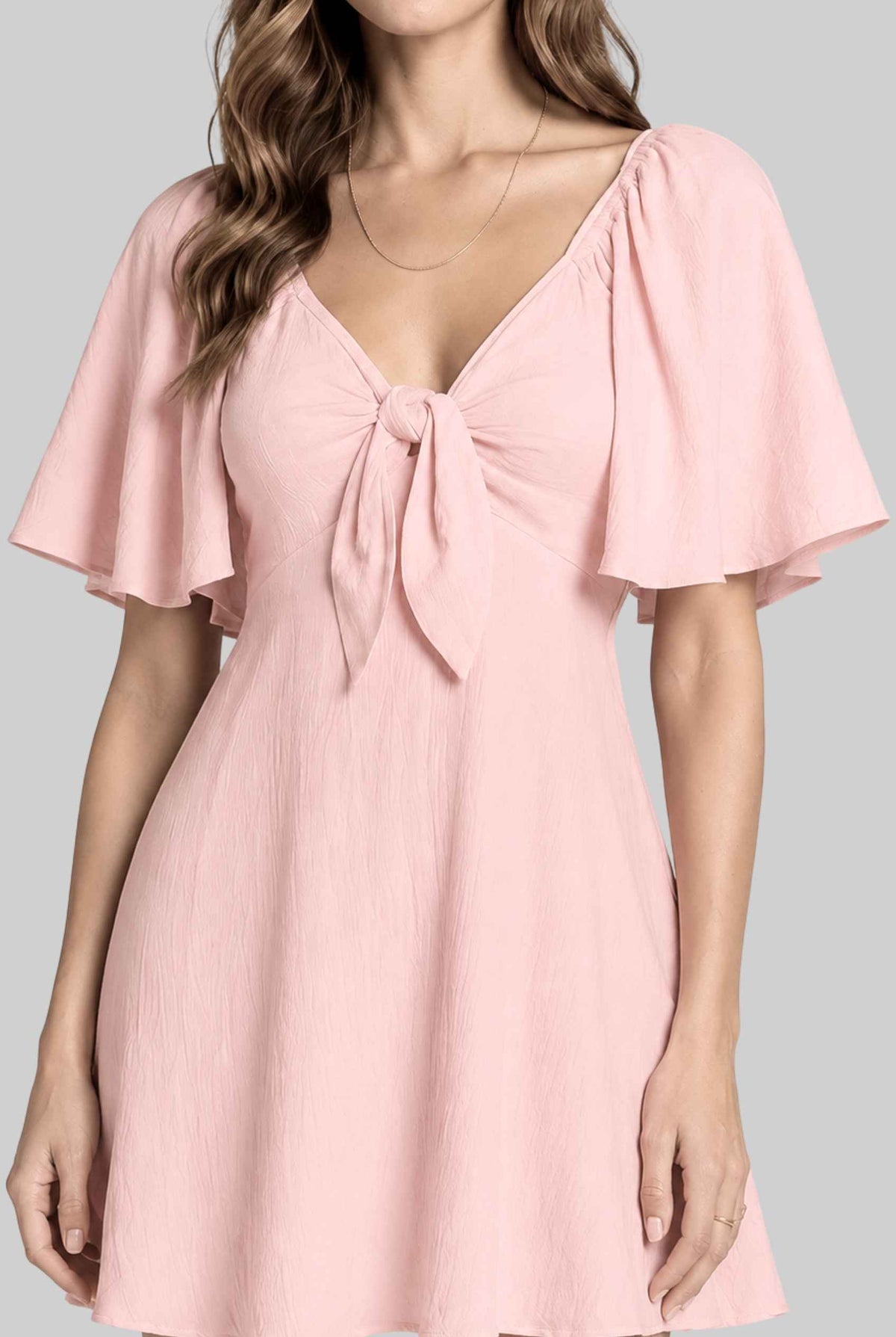 Virtual model wearing The Melody Flutter Sleeve Mini Tie-Front Flutter-Sleeve Mini Dress in Pink