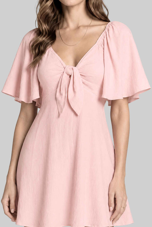Virtual model wearing The Melody Flutter Sleeve Mini Tie-Front Flutter-Sleeve Mini Dress in Pink