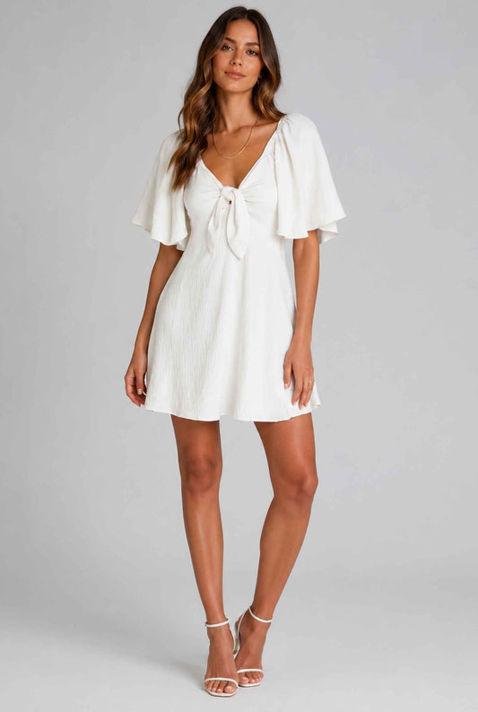 Virtual Model wearing The Melody Flutter Sleeve Mini Tie-Front Flutter-Sleeve White Mini Dress