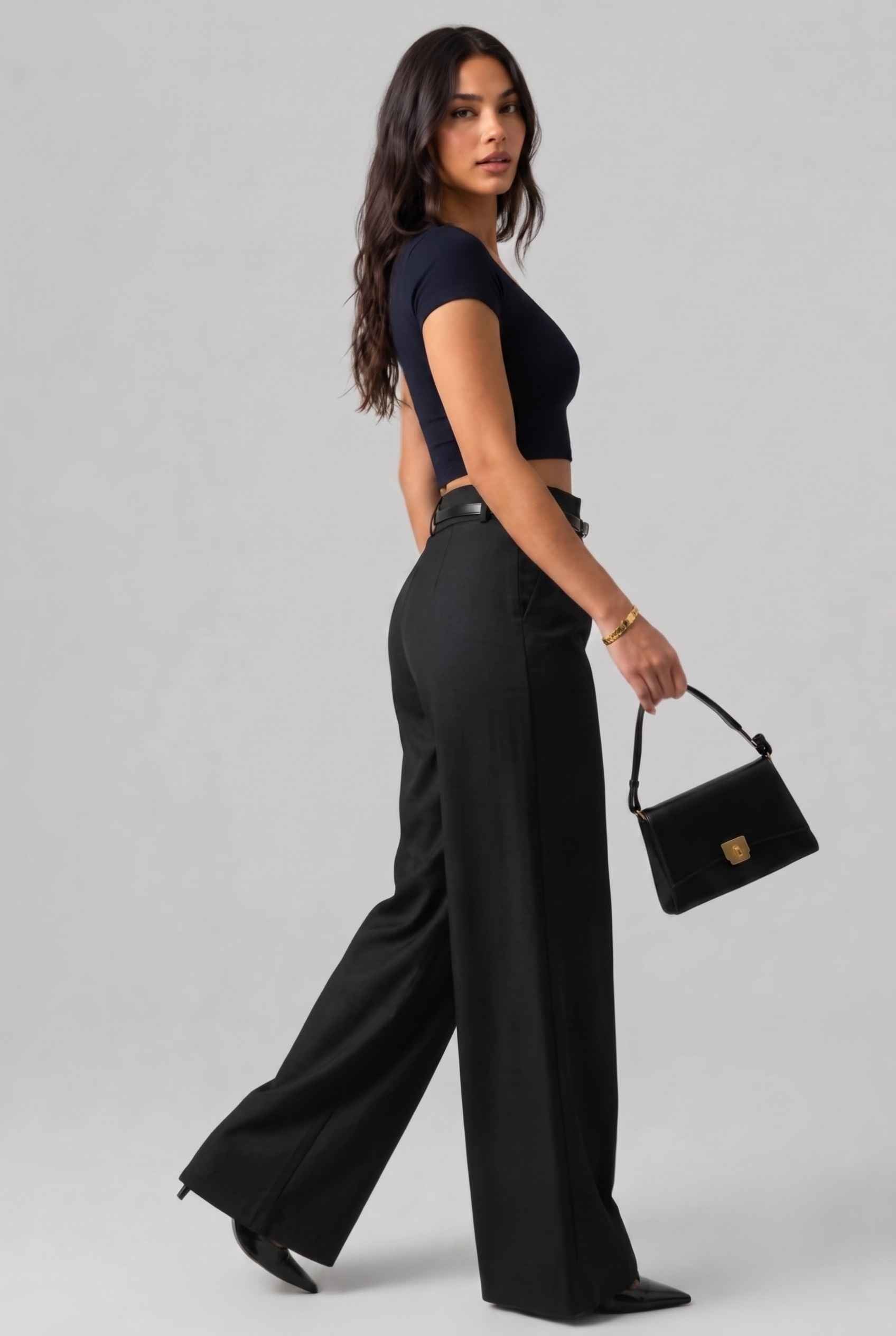 Virtual Model wearing The Milan Pintuck Trouser High Waisted Wide Black Leg Pants