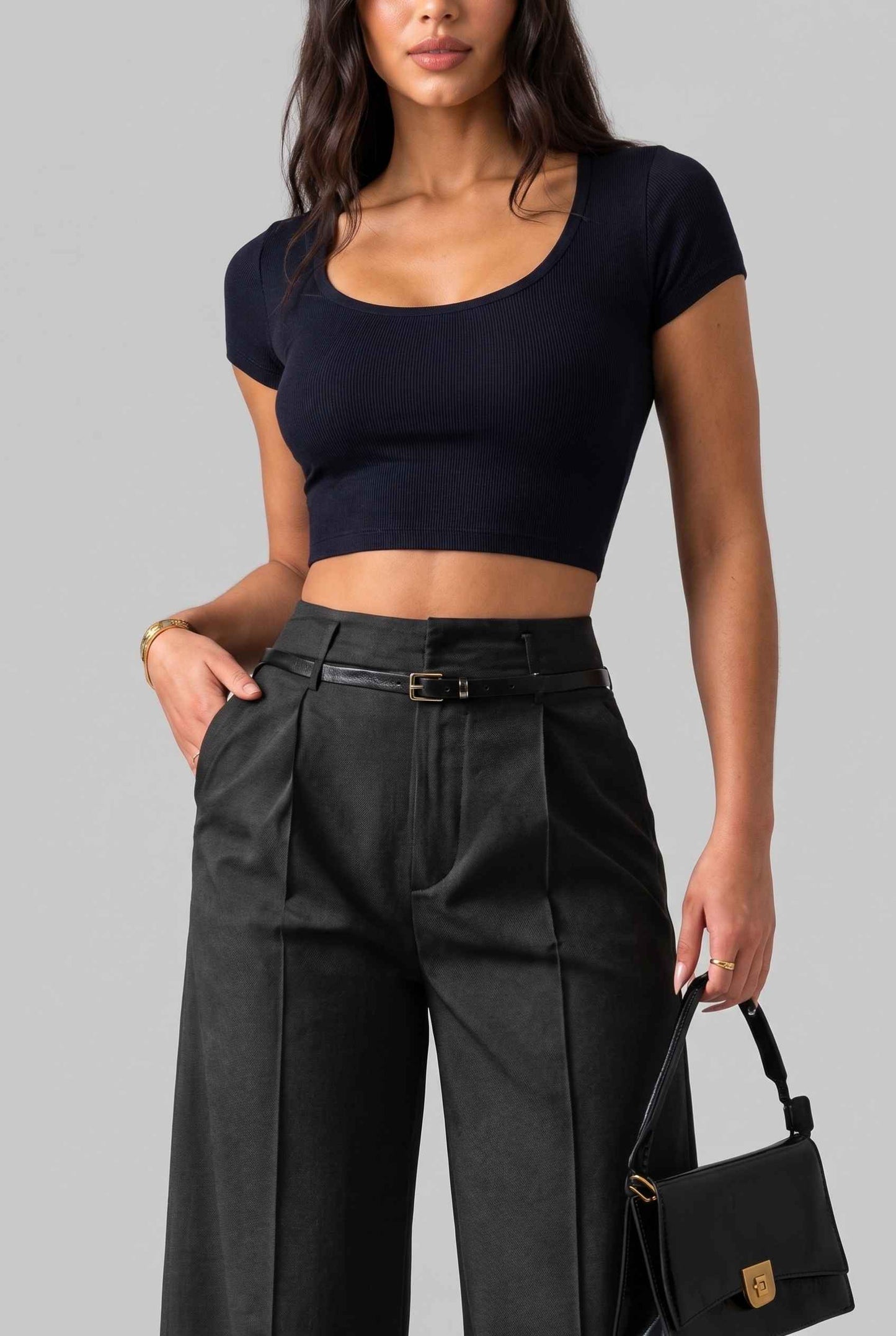 Virtual Model wearing The Milan Pintuck Trouser High Waisted Wide Black Leg Pants