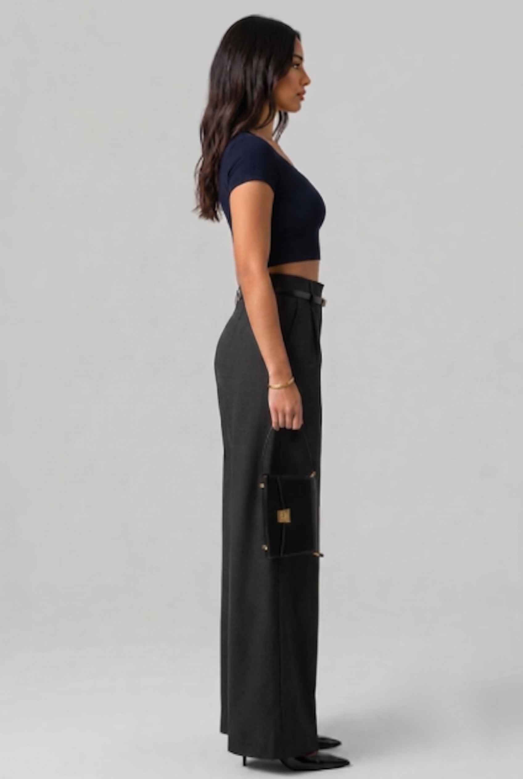 Virtual Model wearing The Milan Pintuck Trouser High Waisted Wide Black Leg Pants
