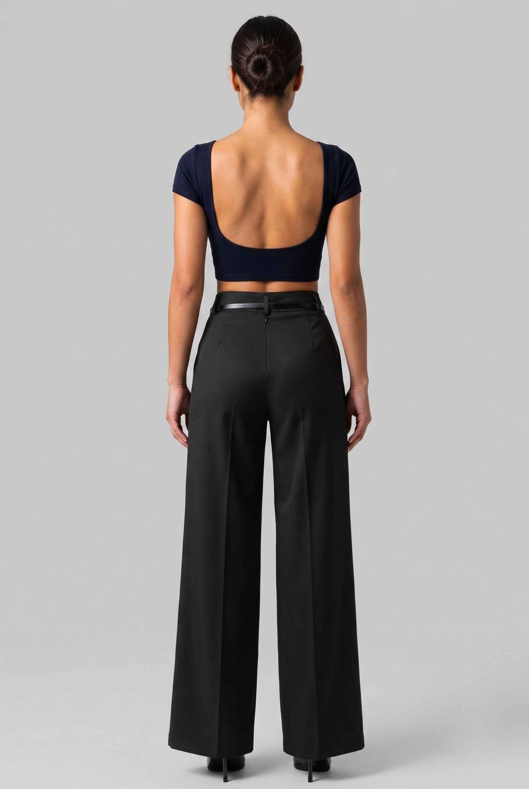 Virtual Model wearing The Milan Pintuck Trouser High Waisted Wide Black Leg Pants