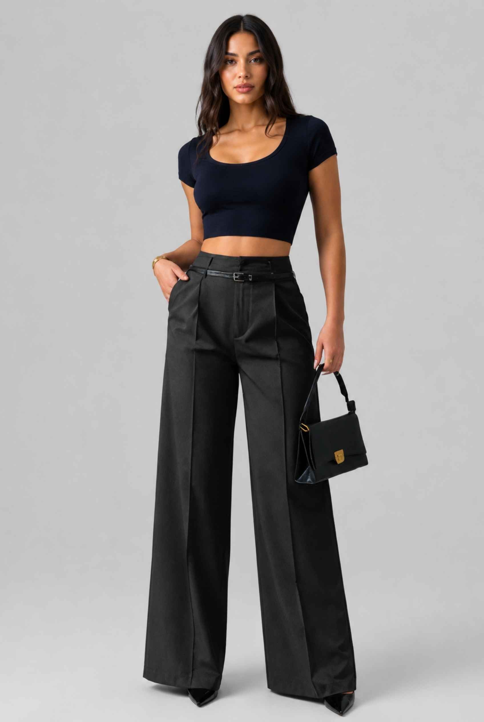 Virtual Model wearing The Milan Pintuck Trouser High Waisted Wide Black Leg Pants