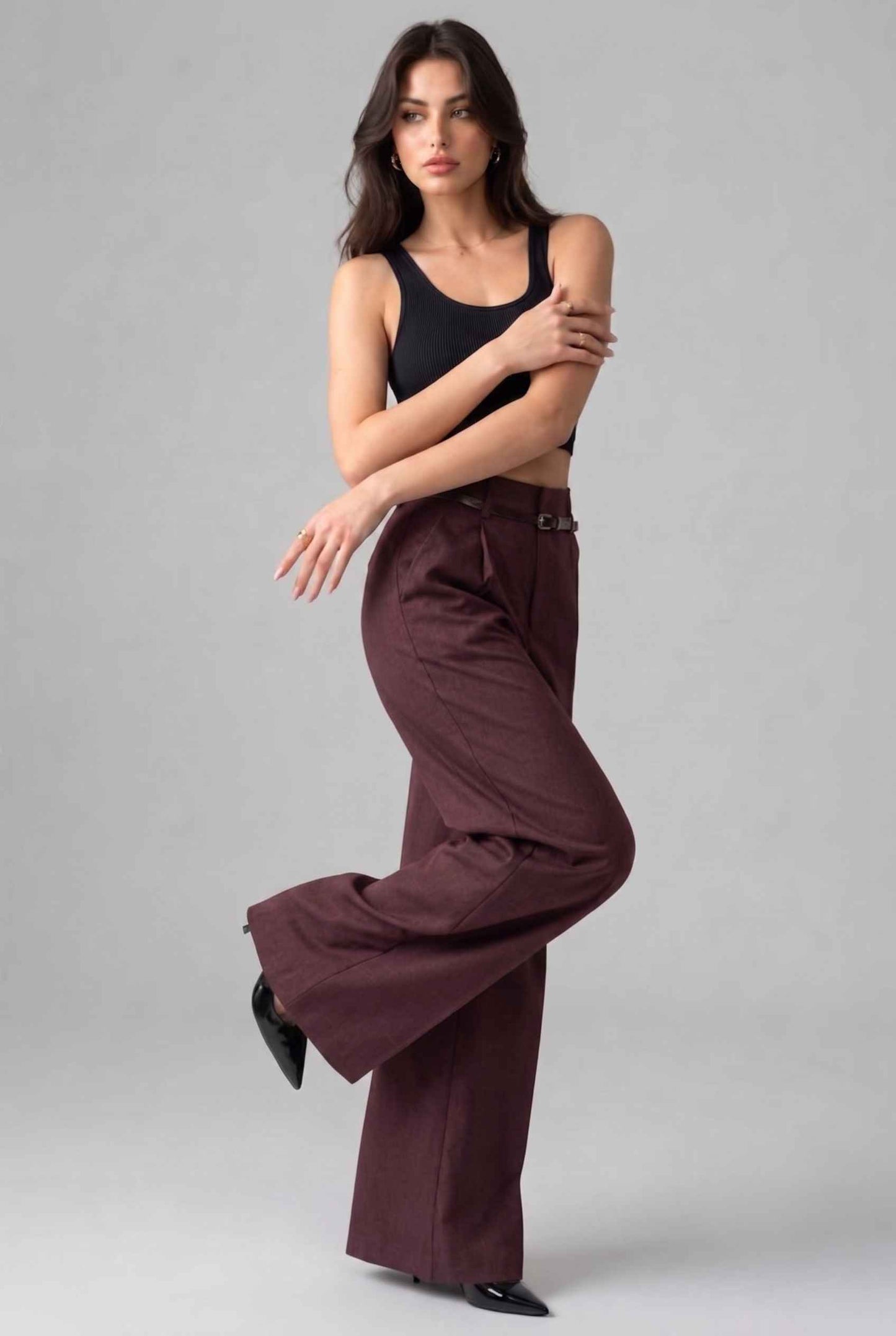 Virtual Model wearing The Milan Pintuck Trouser High Waisted Wide Burgundy Leg Pants