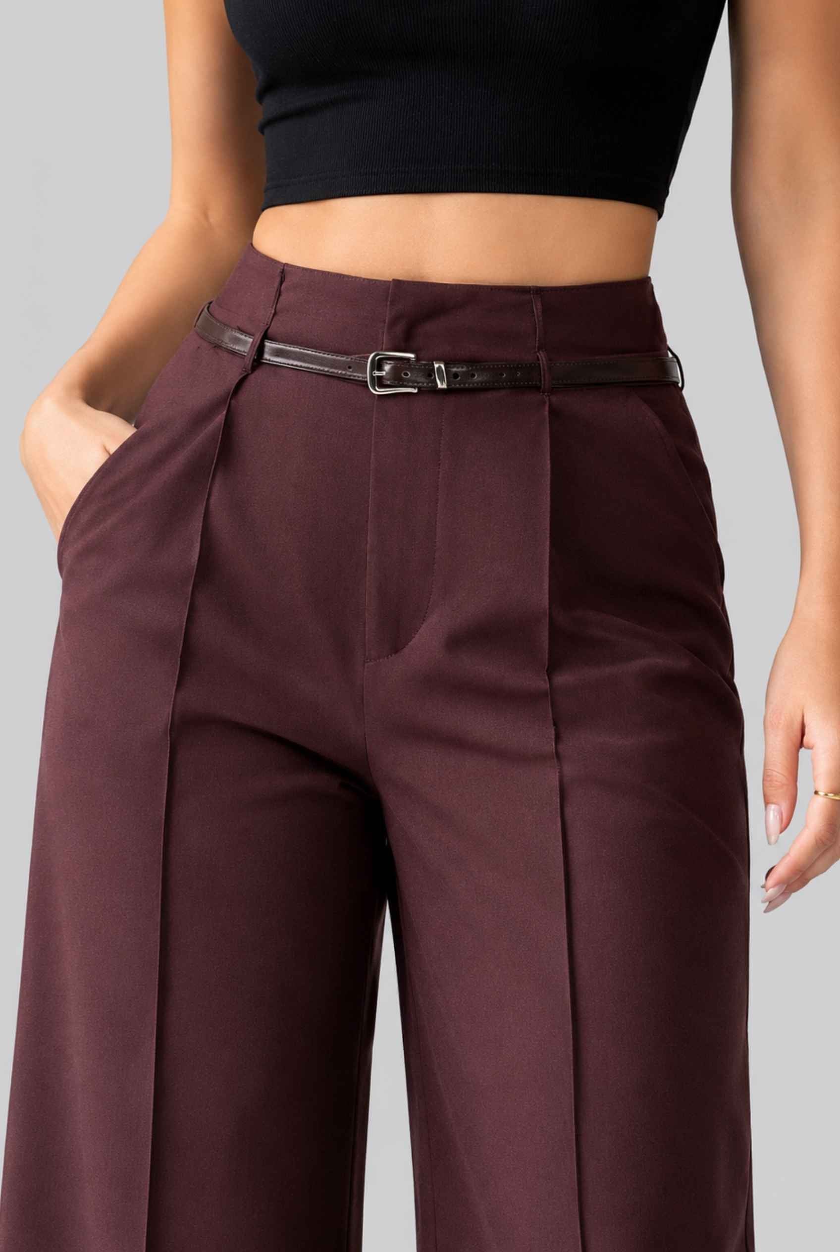 Virtual Model wearing The Milan Pintuck Trouser High Waisted Wide Burgundy Leg Pants