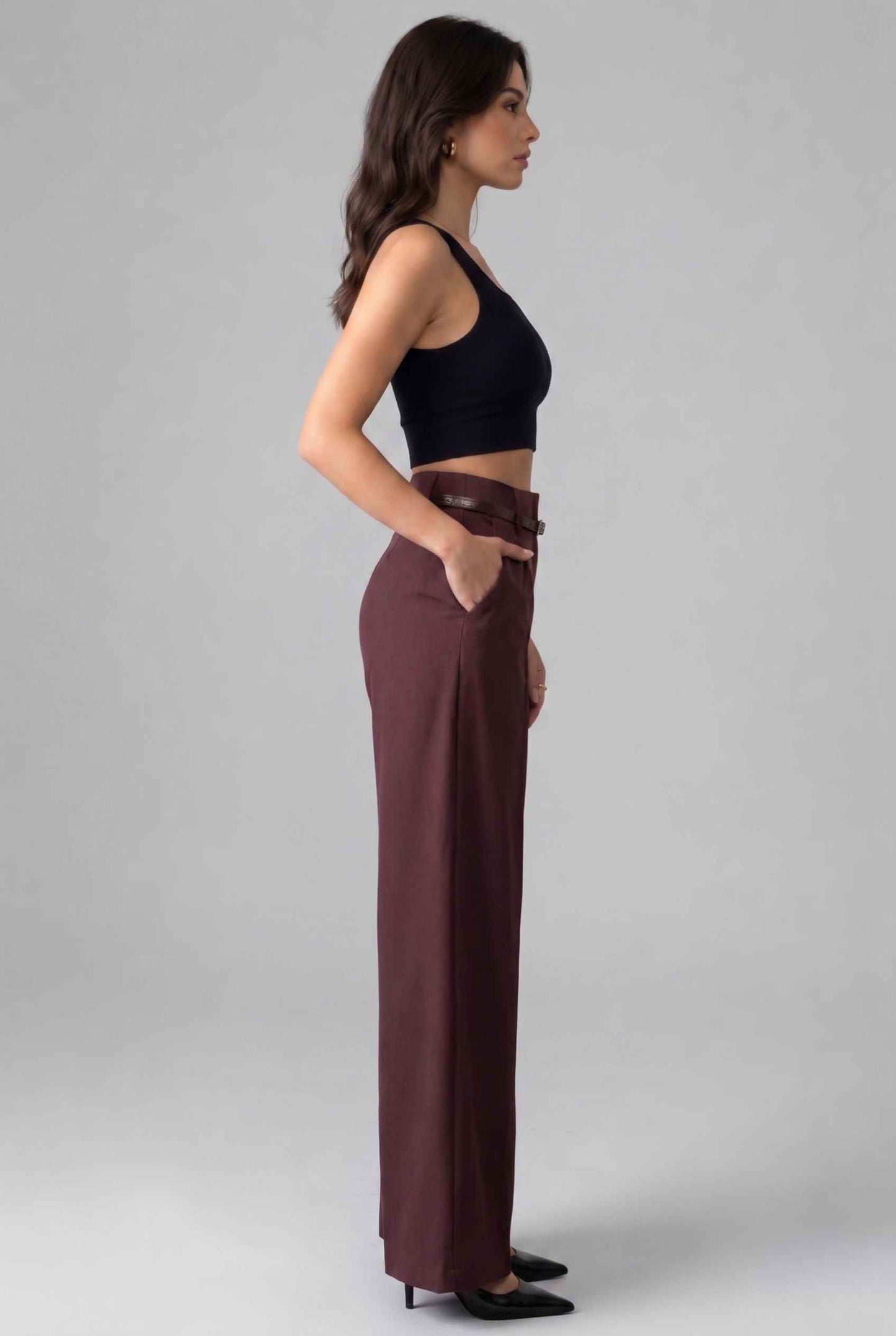 Virtual Model wearing The Milan Pintuck Trouser High Waisted Wide Burgundy Leg Pants