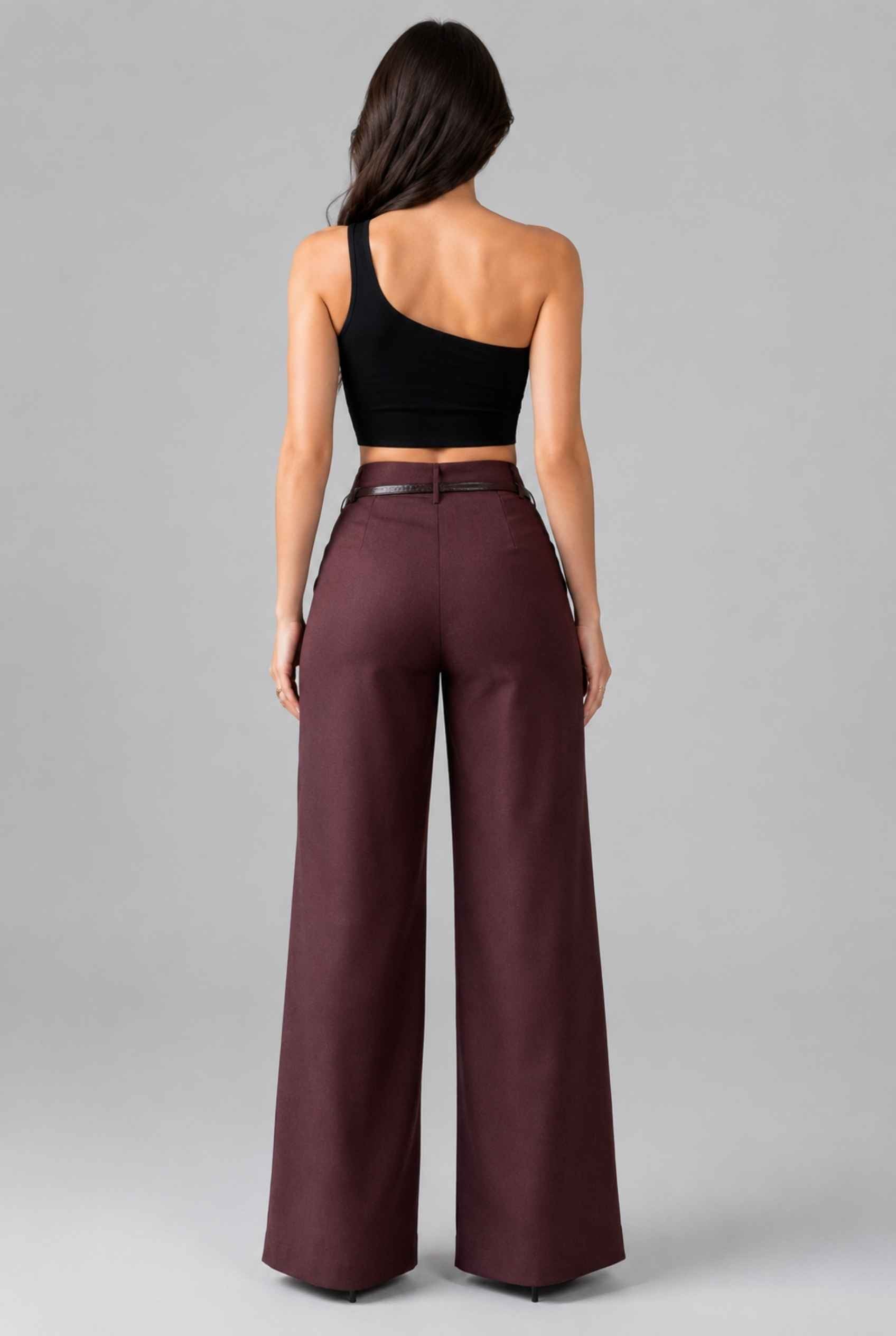 Virtual Model wearing The Milan Pintuck Trouser High Waisted Wide Burgundy Leg Pants