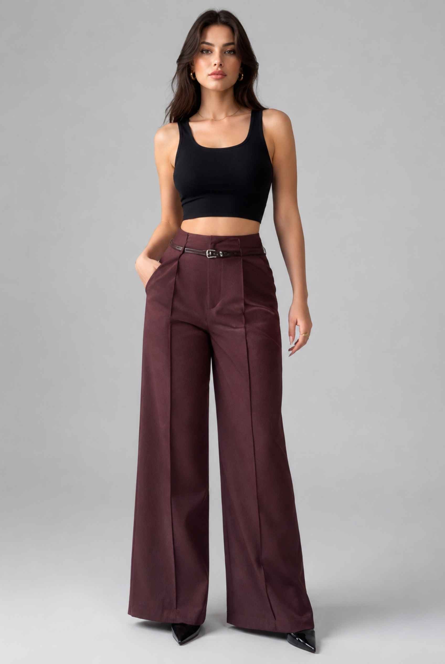 Virtual Model wearing The Milan Pintuck Trouser High Waisted Wide Burgundy Leg Pants