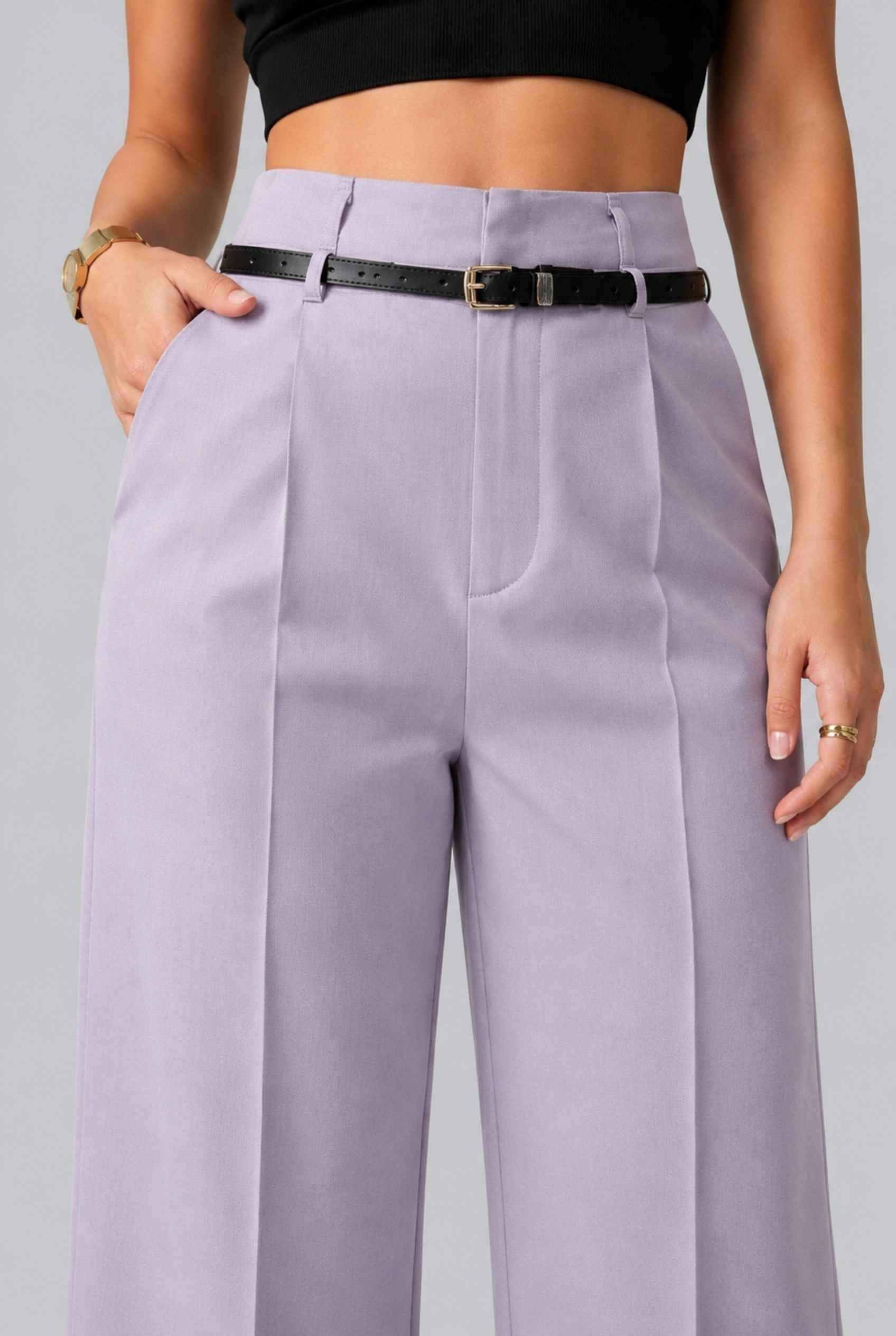 Virtual Model wearing The Milan Pintuck Trouser High Waisted Wide Lavender Leg Pants