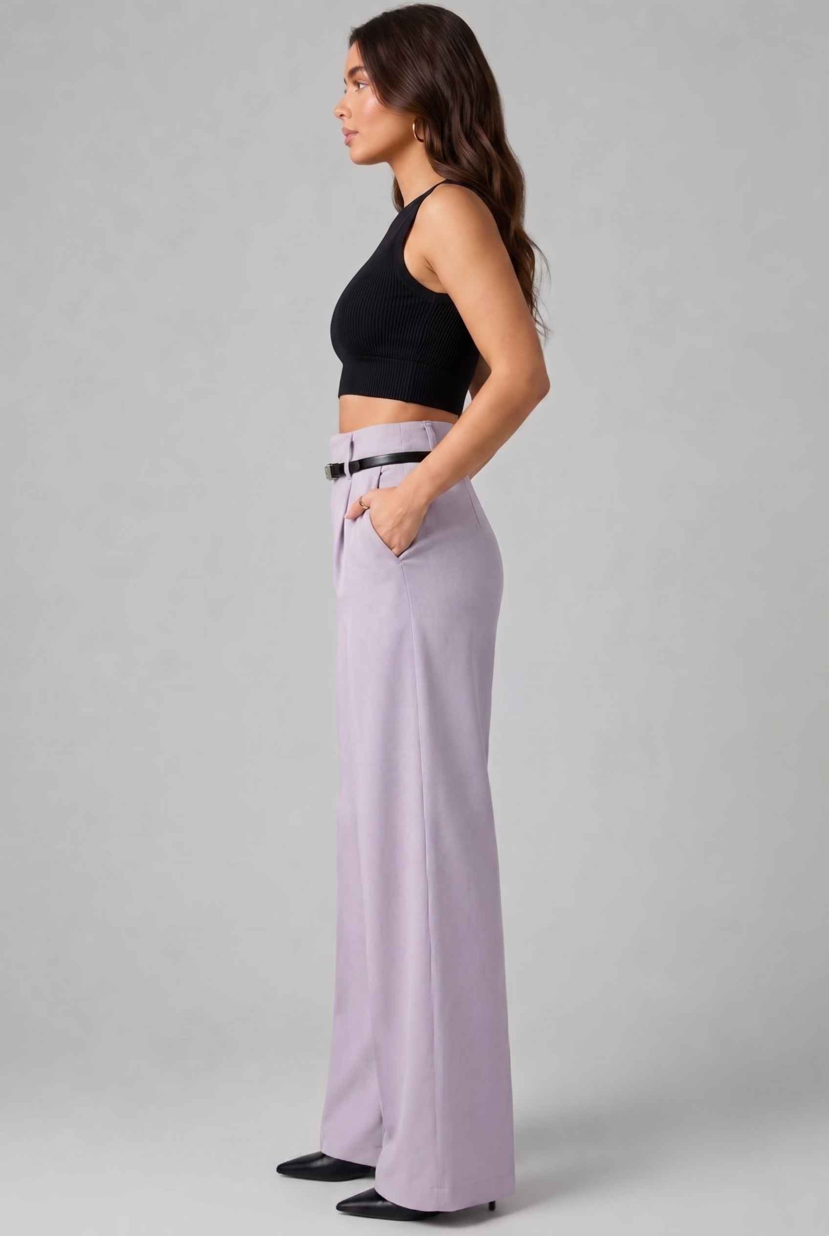 Virtual Model wearing The Milan Pintuck Trouser High Waisted Wide Lavender Leg Pants