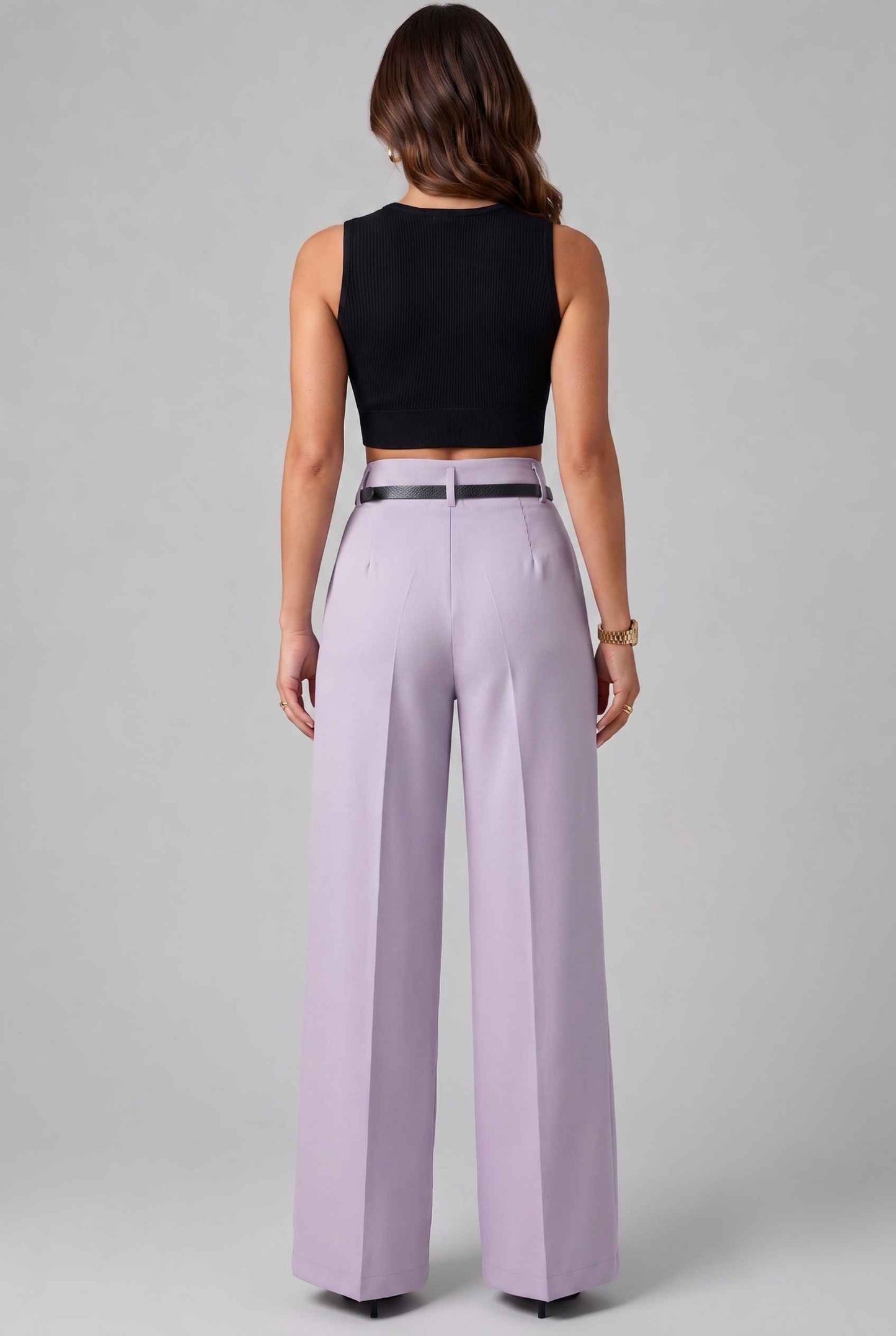 Virtual Model wearing The Milan Pintuck Trouser High Waisted Wide Lavender Leg Pants