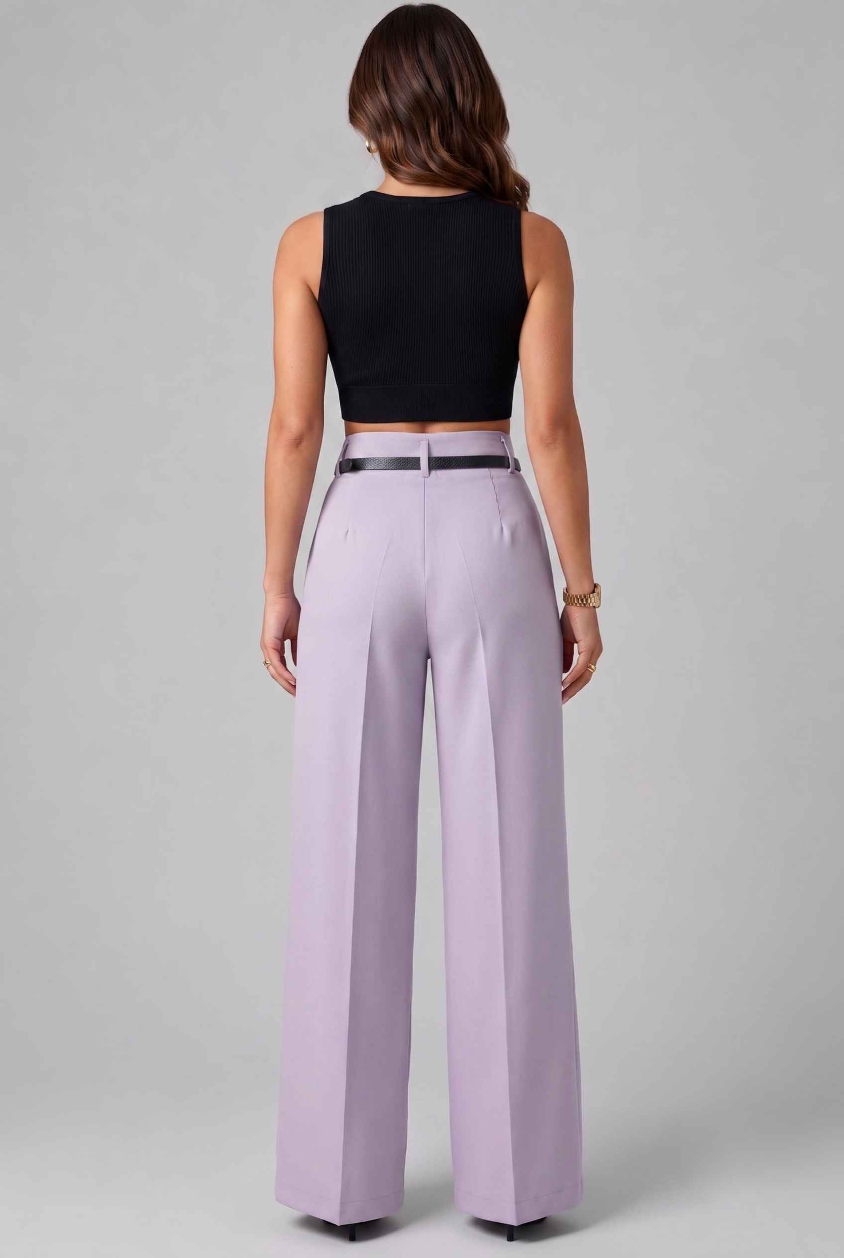 Virtual Model wearing The Milan Pintuck Trouser High Waisted Wide Lavender Leg Pants