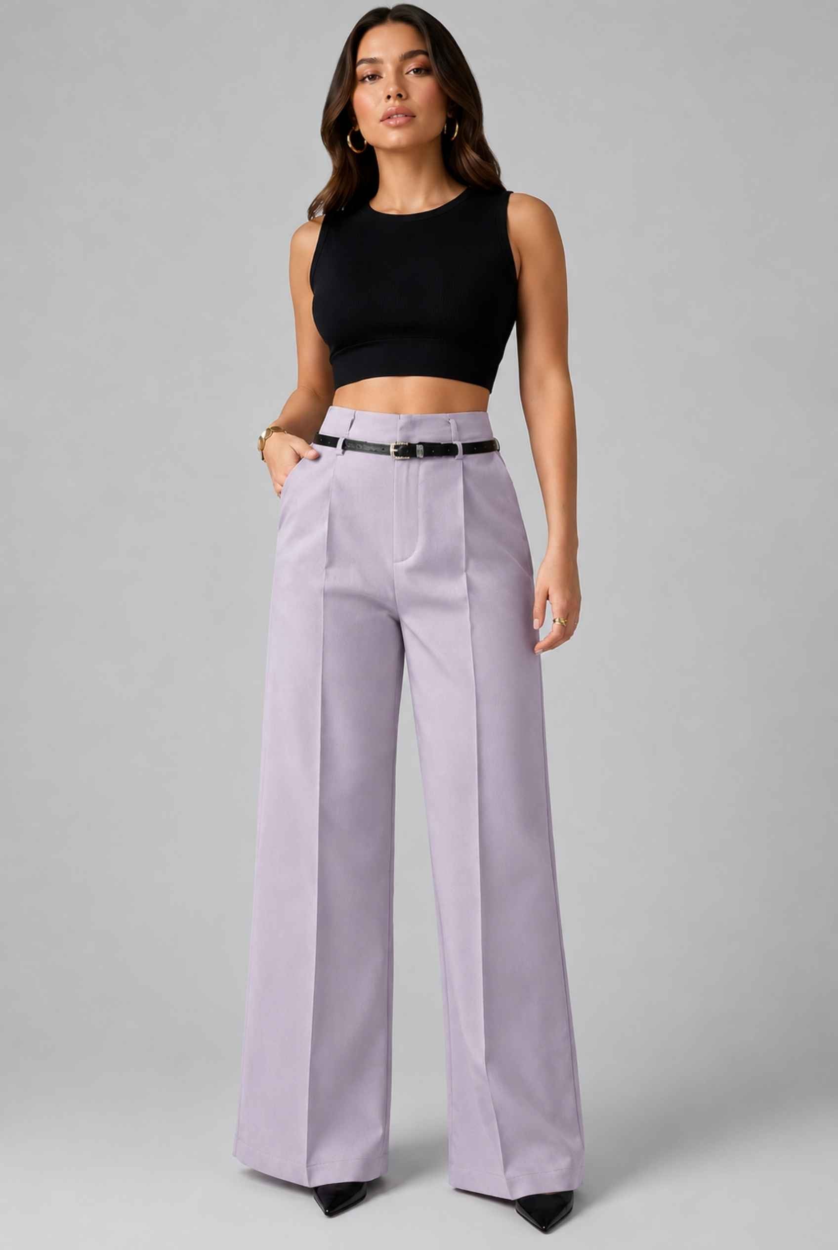 Virtual Model wearing The Milan Pintuck Trouser High Waisted Wide Lavender Leg Pants
