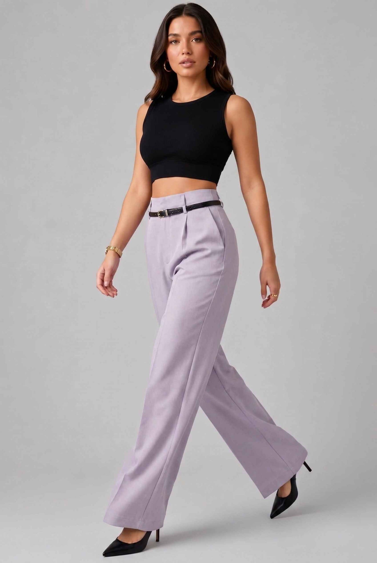 Virtual Model wearing The Milan Pintuck Trouser High Waisted Wide Lavender Leg Pants