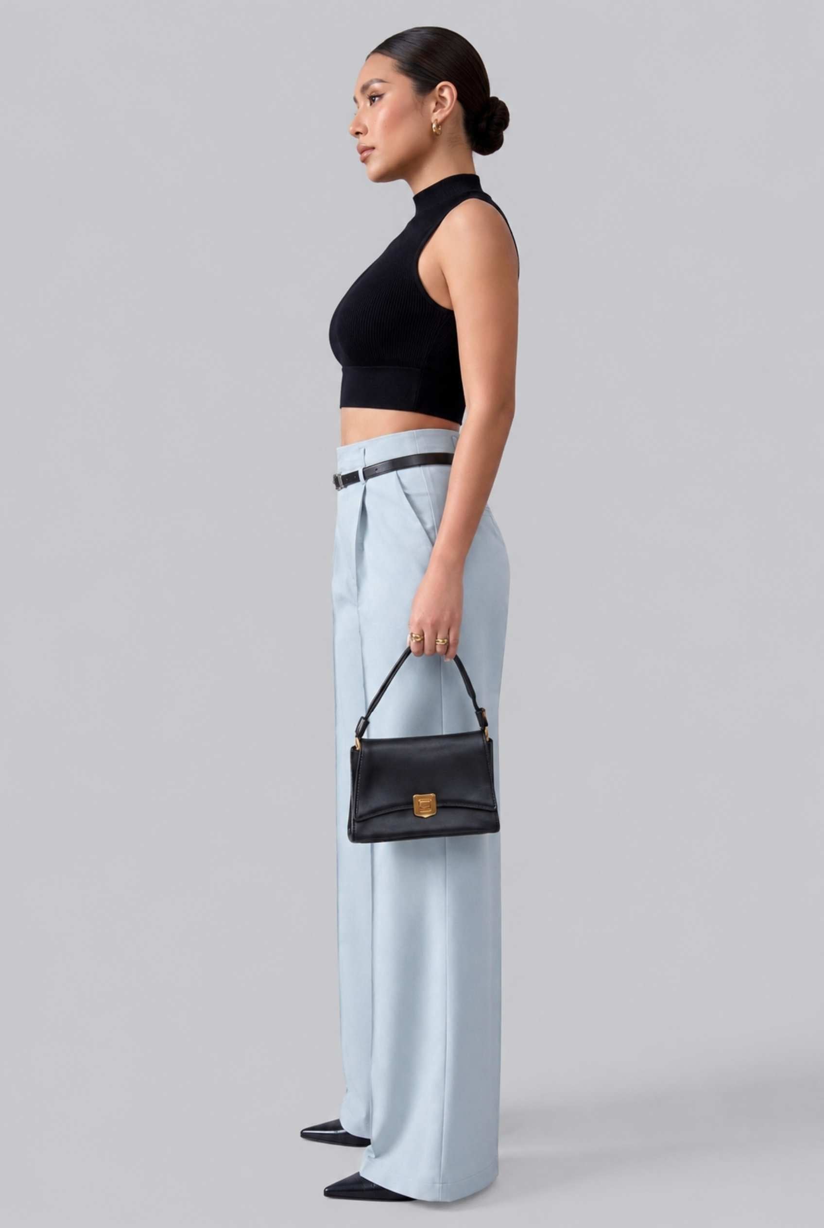 Virtual Model wearing The Milan Pintuck Trouser High Waisted Wide Light Blue Leg Pants