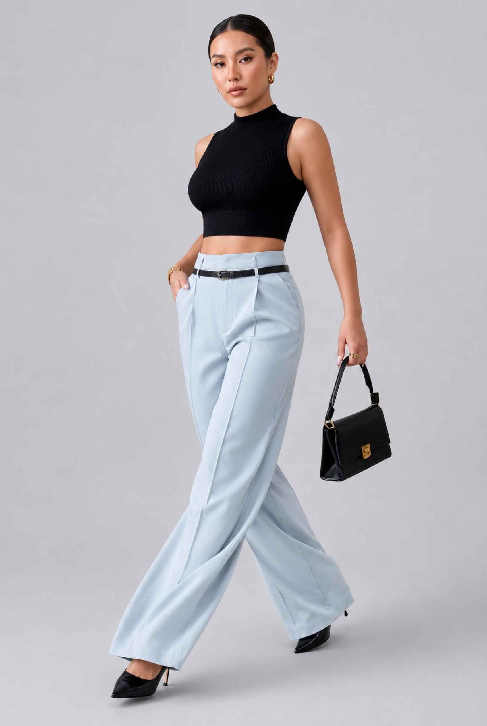 Virtual Model wearing The Milan Pintuck Trouser High Waisted Wide Light Blue Leg Pants