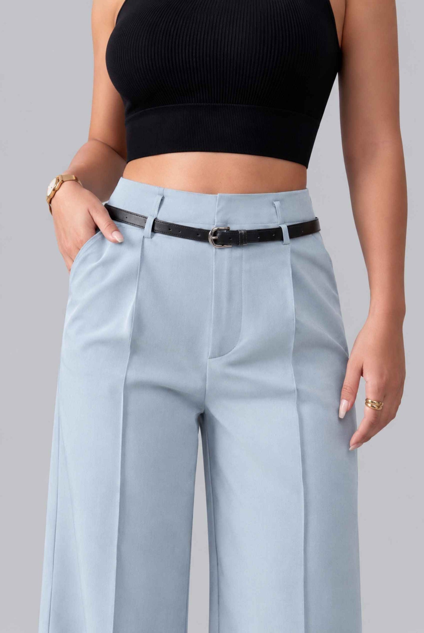 Virtual Model wearing The Milan Pintuck Trouser High Waisted Wide Light Blue Leg Pants