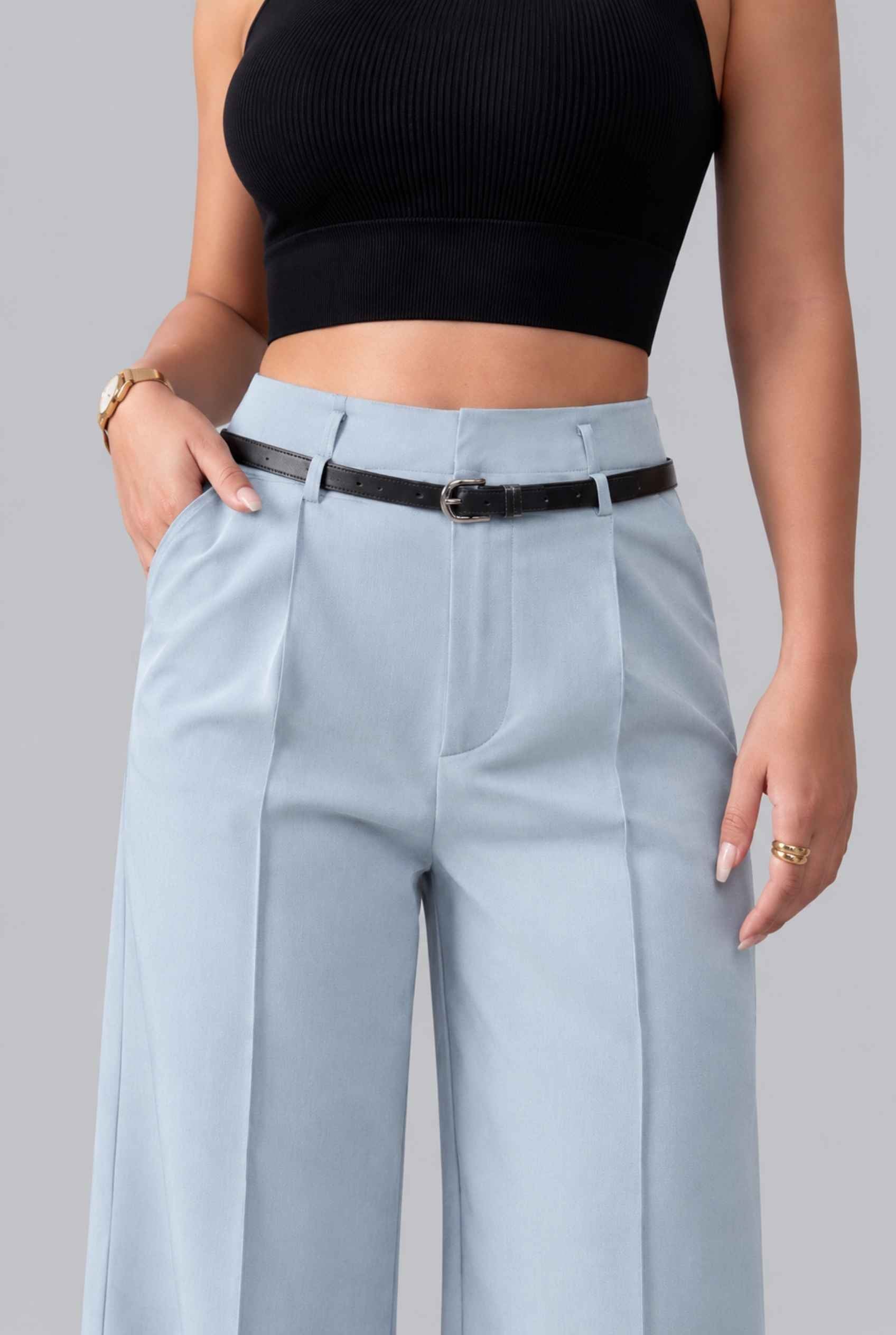 Virtual Model wearing The Milan Pintuck Trouser High Waisted Wide Light Blue Leg Pants