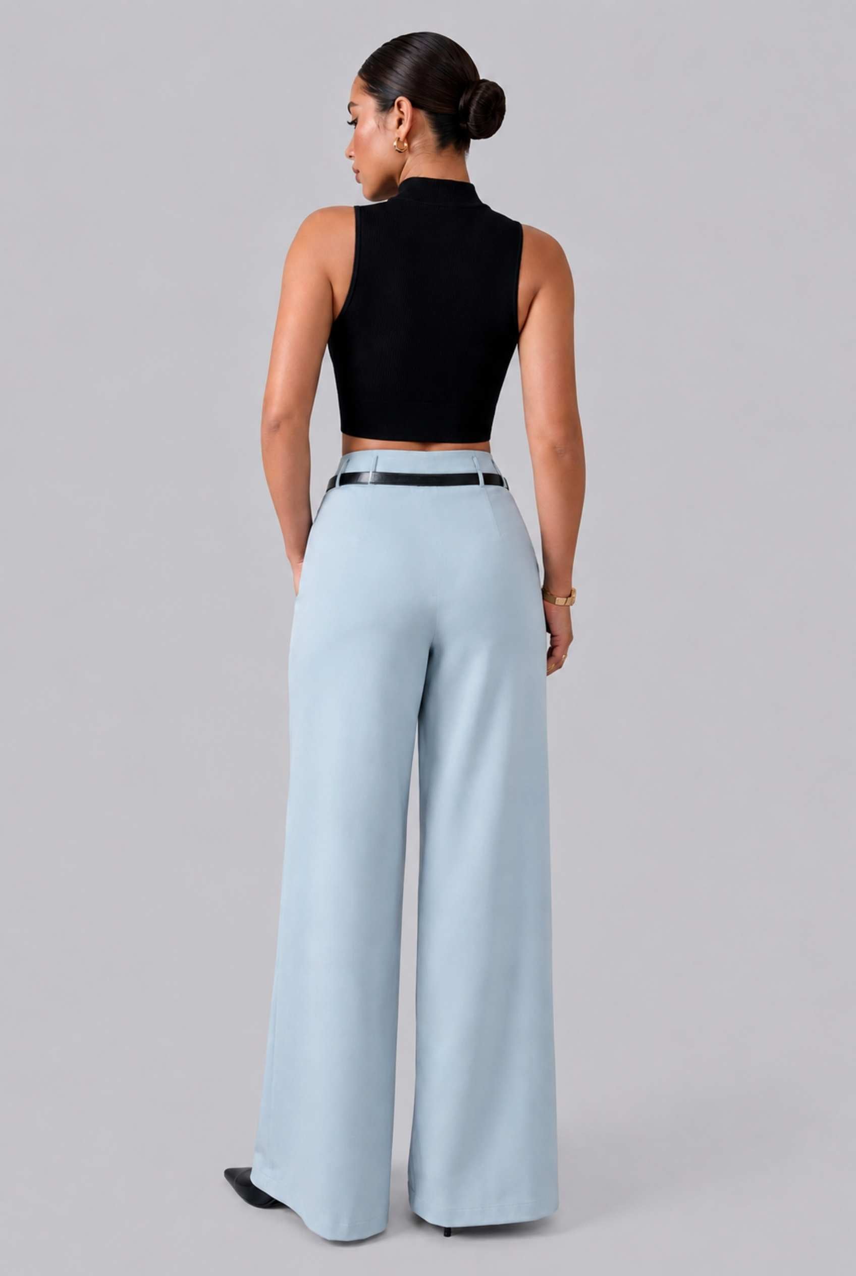 Virtual Model wearing The Milan Pintuck Trouser High Waisted Wide Light Blue Leg Pants