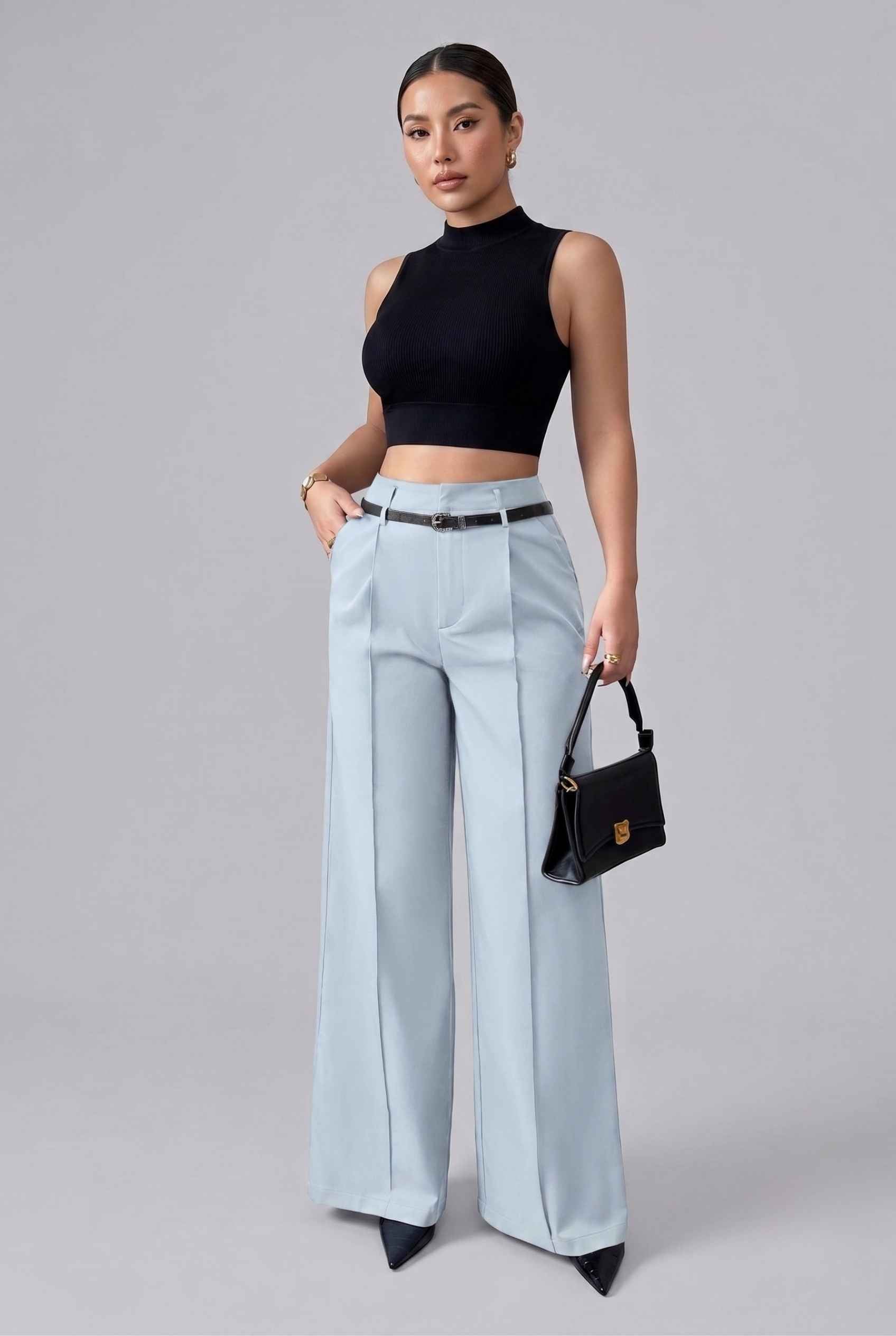 Virtual Model wearing The Milan Pintuck Trouser High Waisted Wide Light Blue Leg Pants