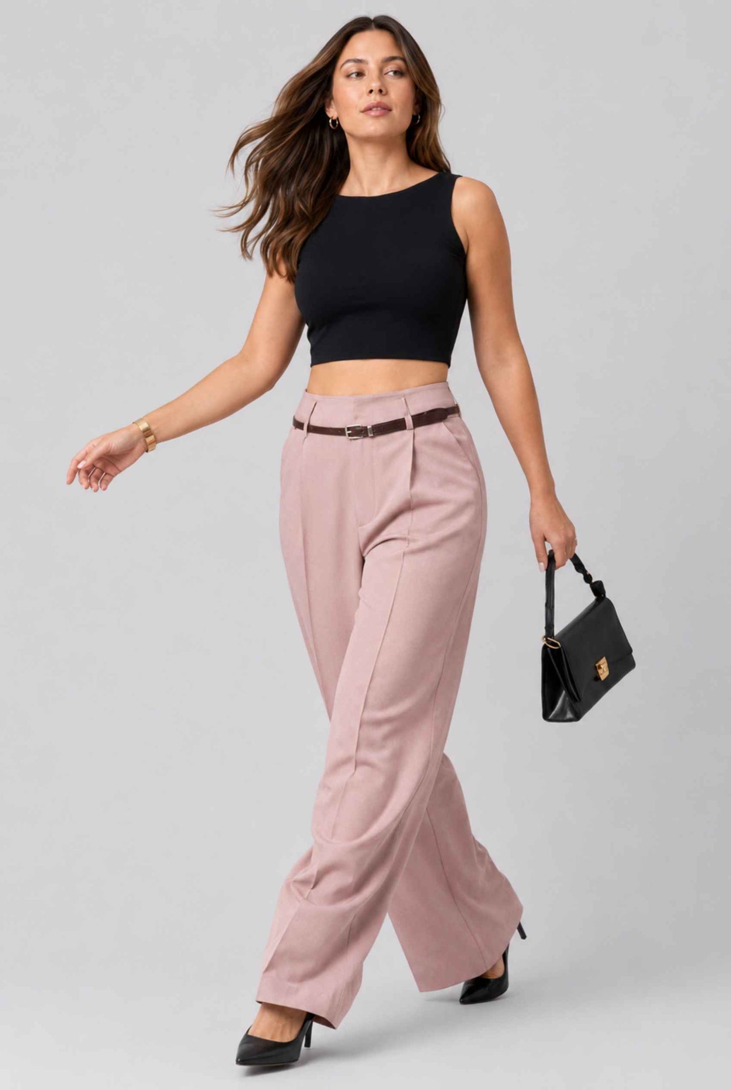 Virtual Model wearing The Milan Pintuck Trouser High Waisted Wide Pink Leg Pants