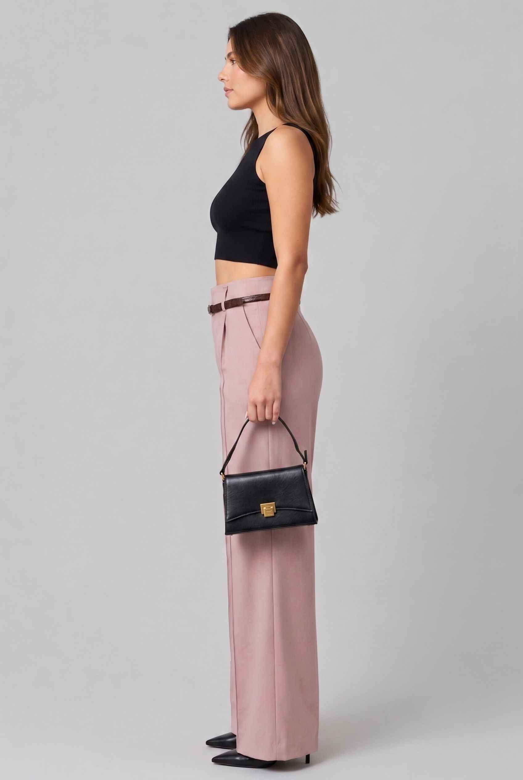Virtual Model wearing The Milan Pintuck Trouser High Waisted Wide Pink Leg Pants