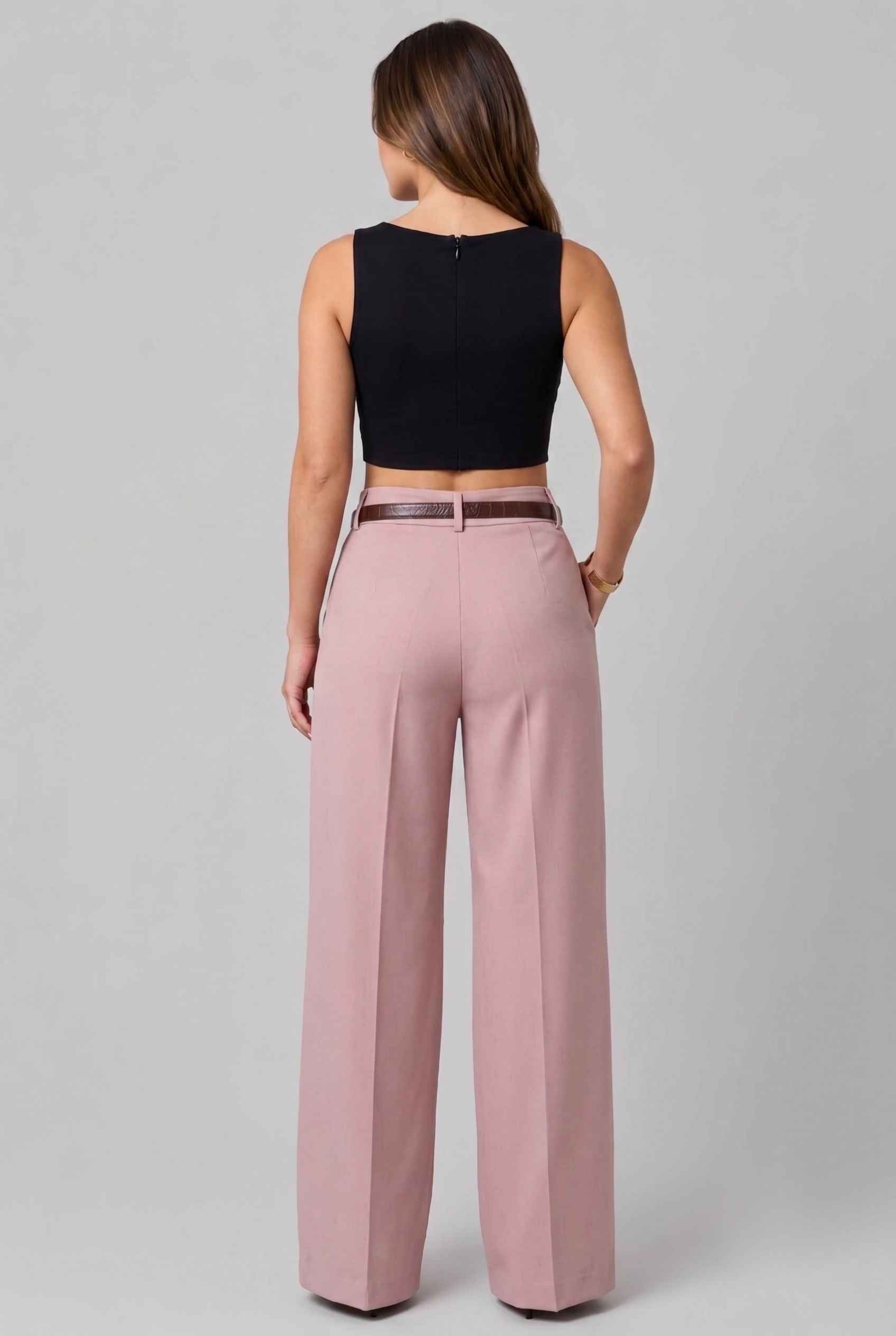 Virtual Model wearing The Milan Pintuck Trouser High Waisted Wide Pink Leg Pants