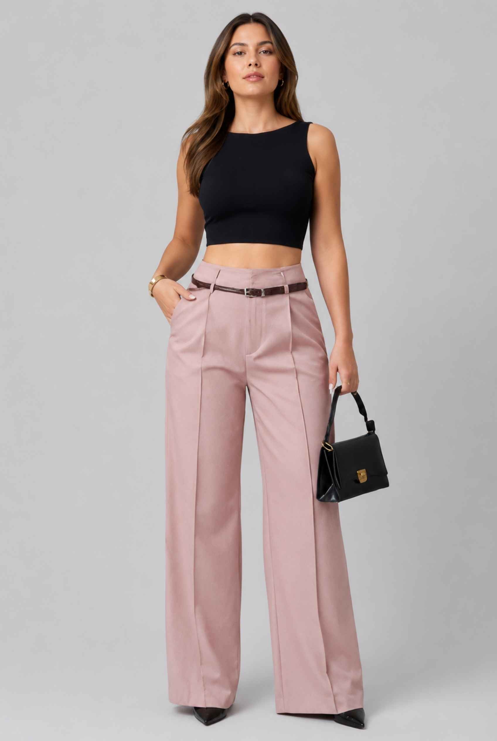 Virtual Model wearing The Milan Pintuck Trouser High Waisted Wide Pink Leg Pants