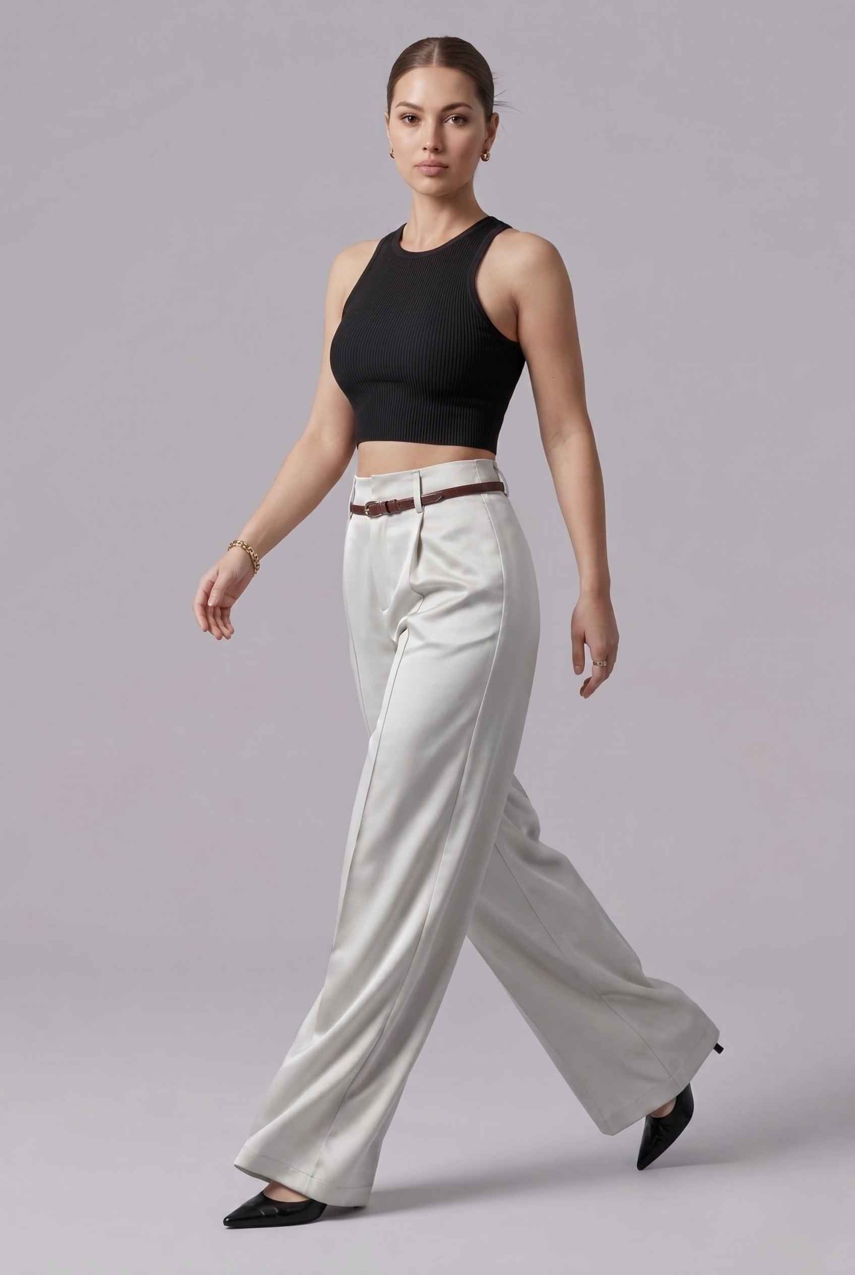 Virtual Model wearing The Milan Pintuck Trouser High Waisted Wide Silver Leg Pants
