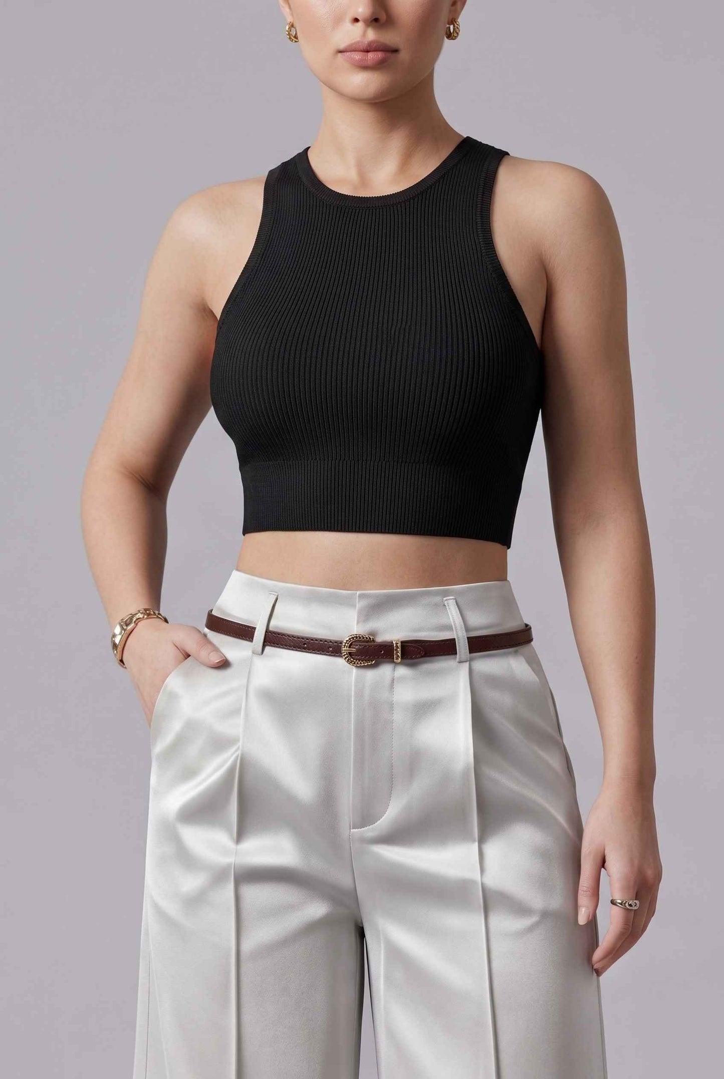 Virtual Model wearing The Milan Pintuck Trouser High Waisted Wide Silver Leg Pants