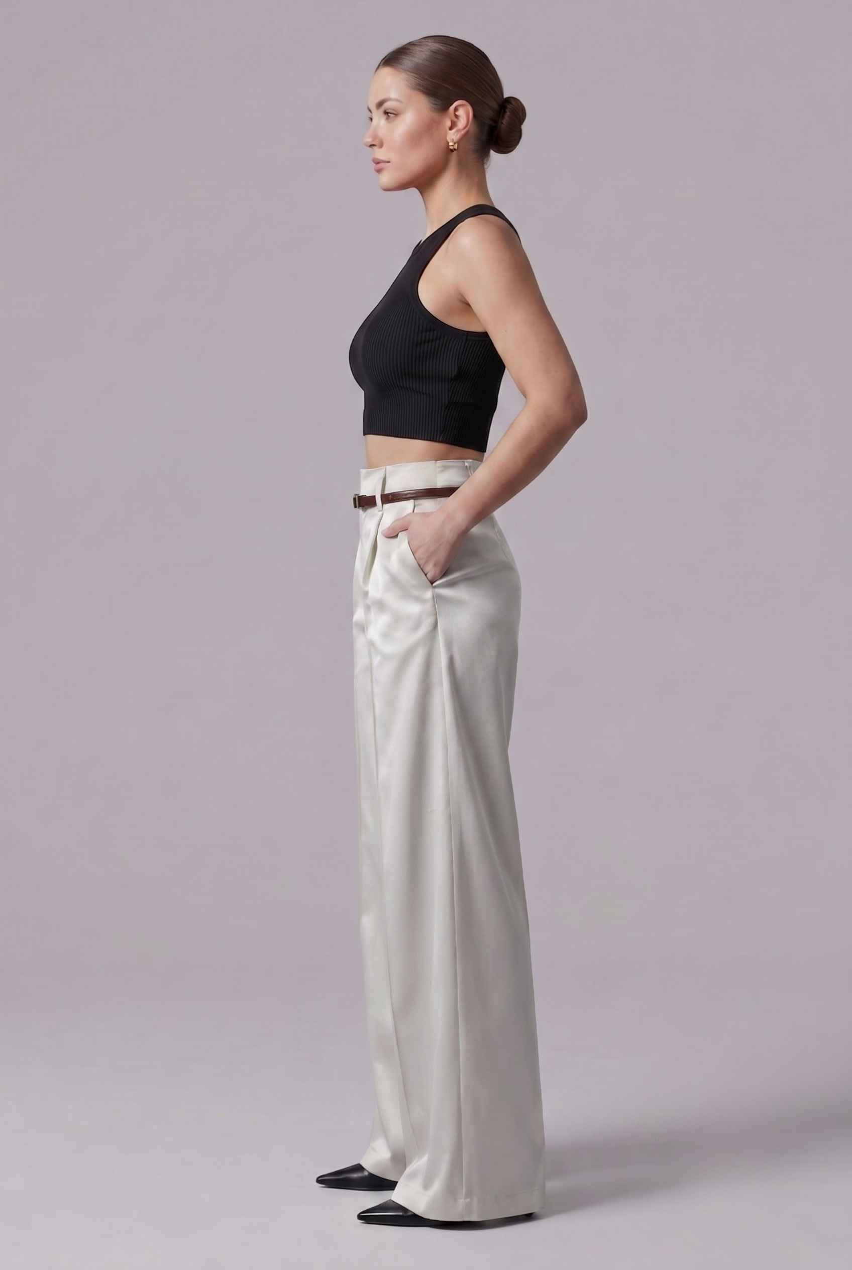 Virtual Model wearing The Milan Pintuck Trouser High Waisted Wide Silver Leg Pants
