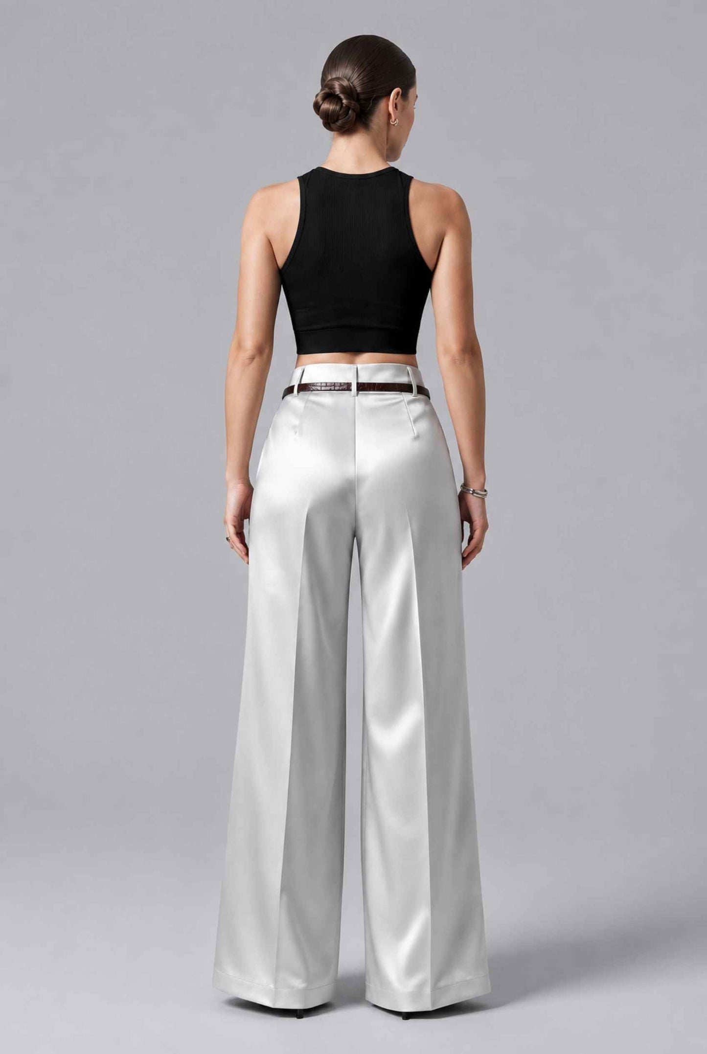 Virtual Model wearing The Milan Pintuck Trouser High Waisted Wide Silver Leg Pants