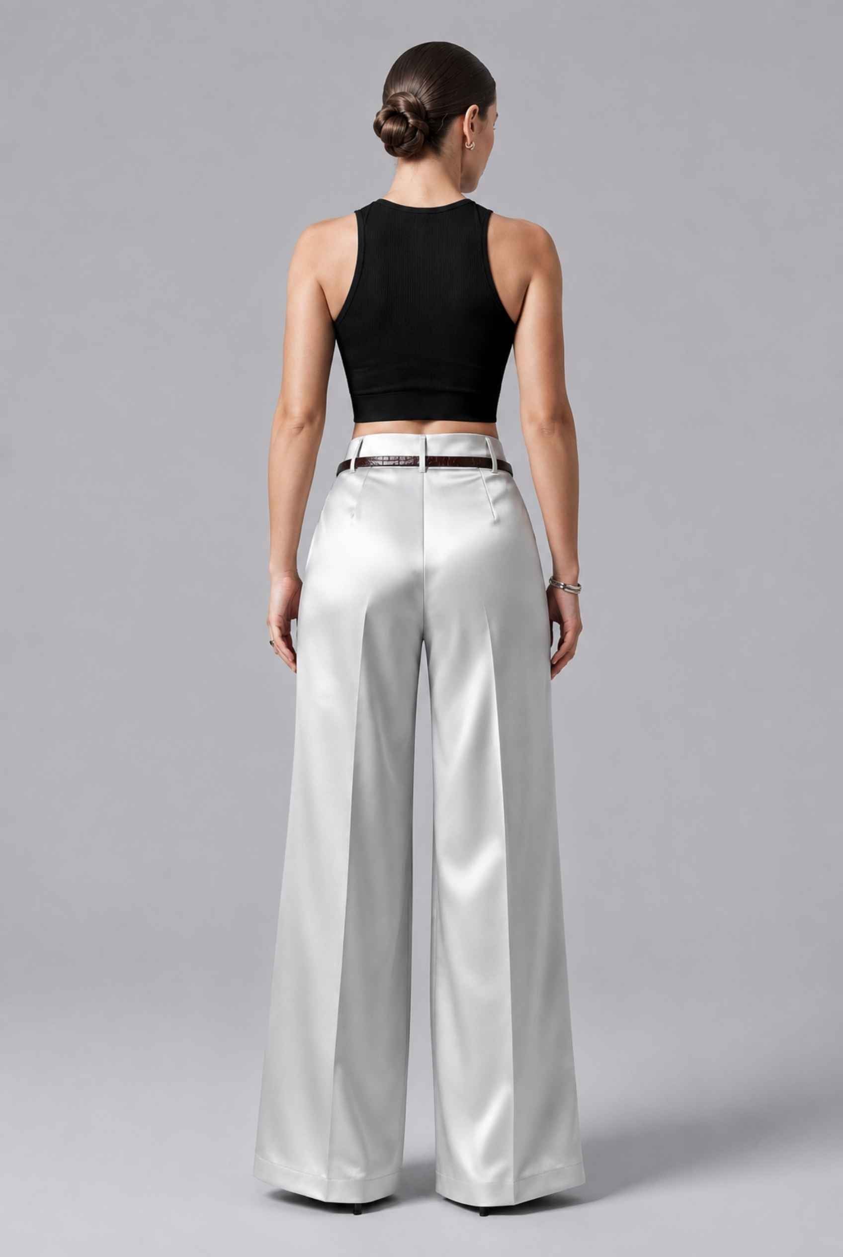 Virtual Model wearing The Milan Pintuck Trouser High Waisted Wide Silver Leg Pants