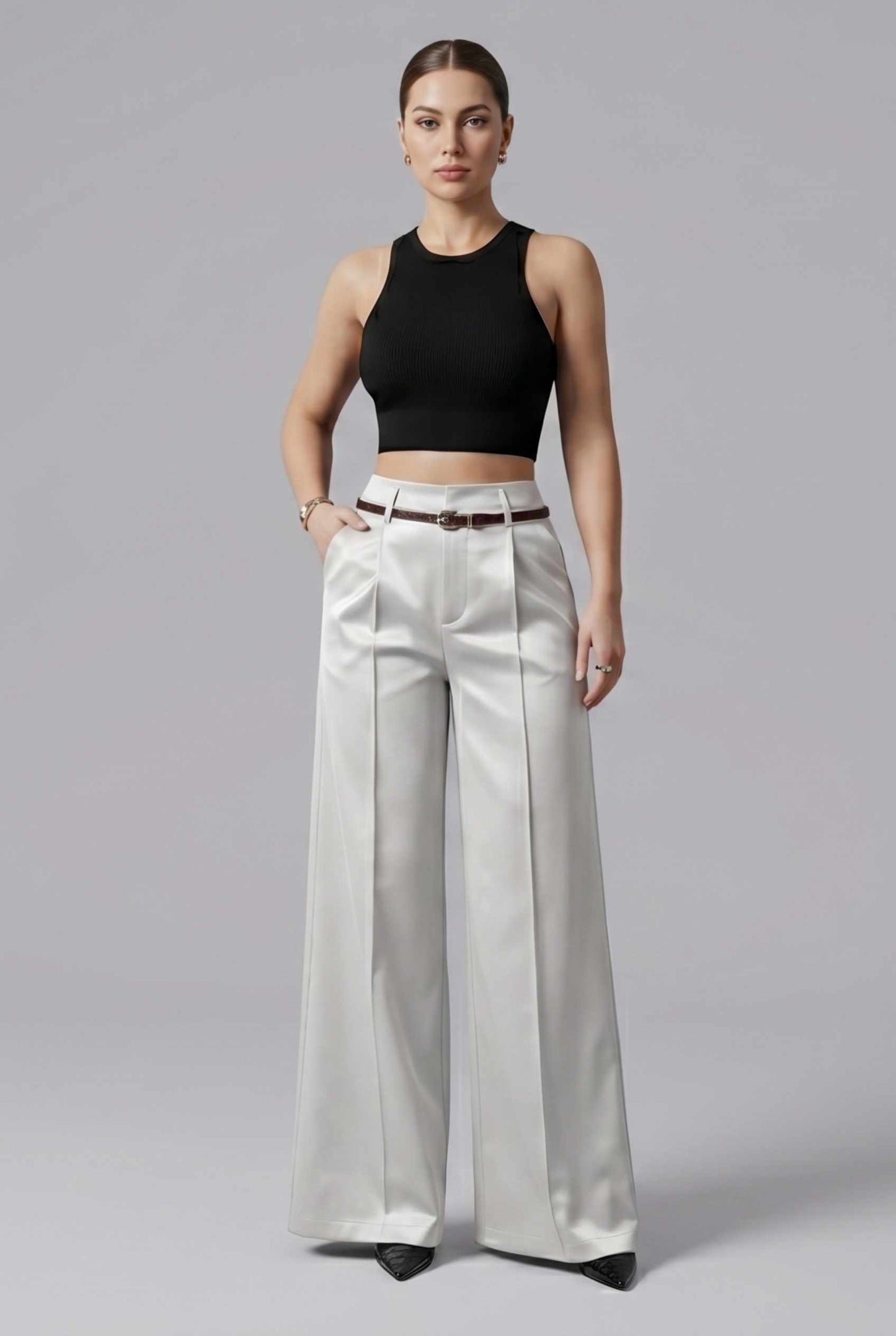 Virtual Model wearing The Milan Pintuck Trouser High Waisted Wide Silver Leg Pants