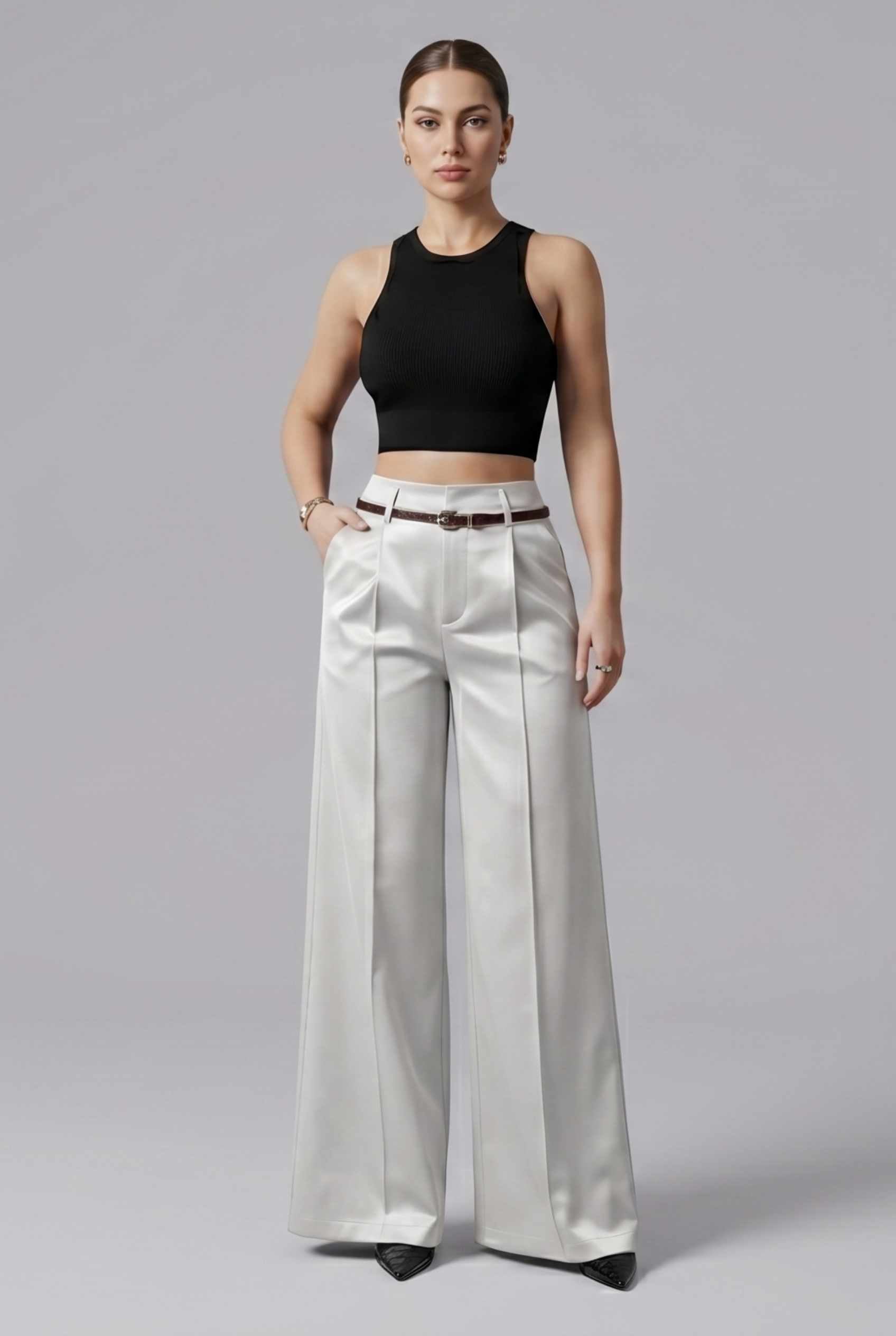 Virtual Model wearing The Milan Pintuck Trouser High Waisted Wide Silver Leg Pants