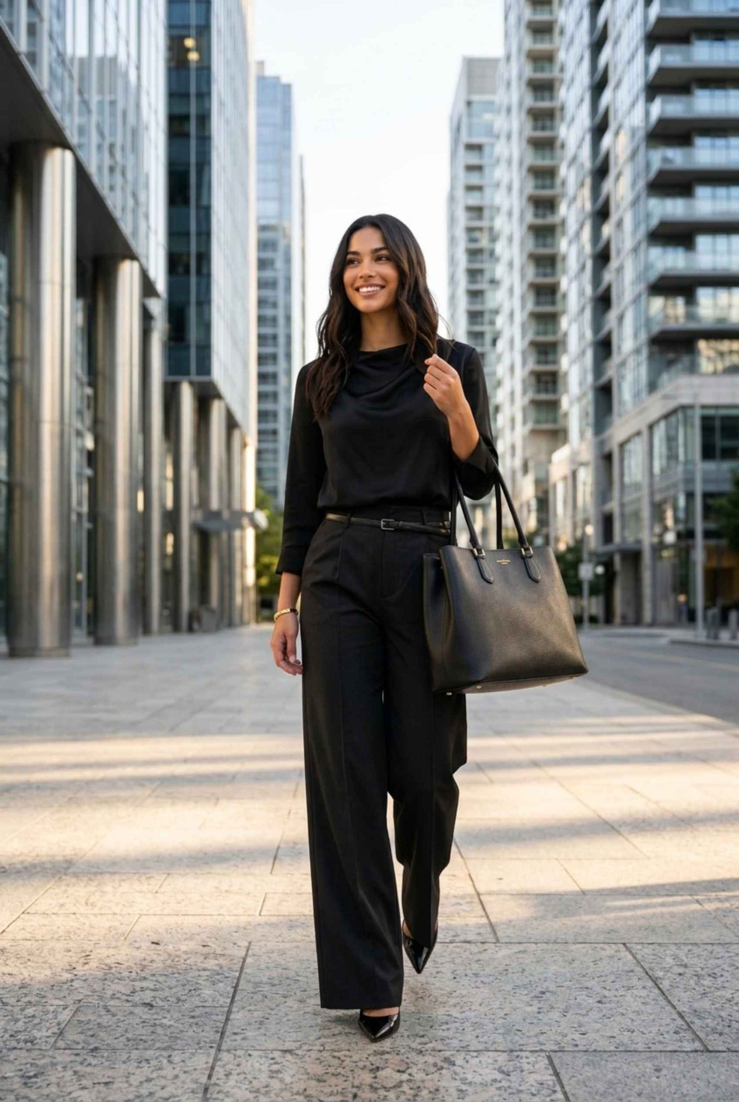 Virtual Model wearing The Milan Pintuck Trouser High Waisted Wide Black Leg Pants