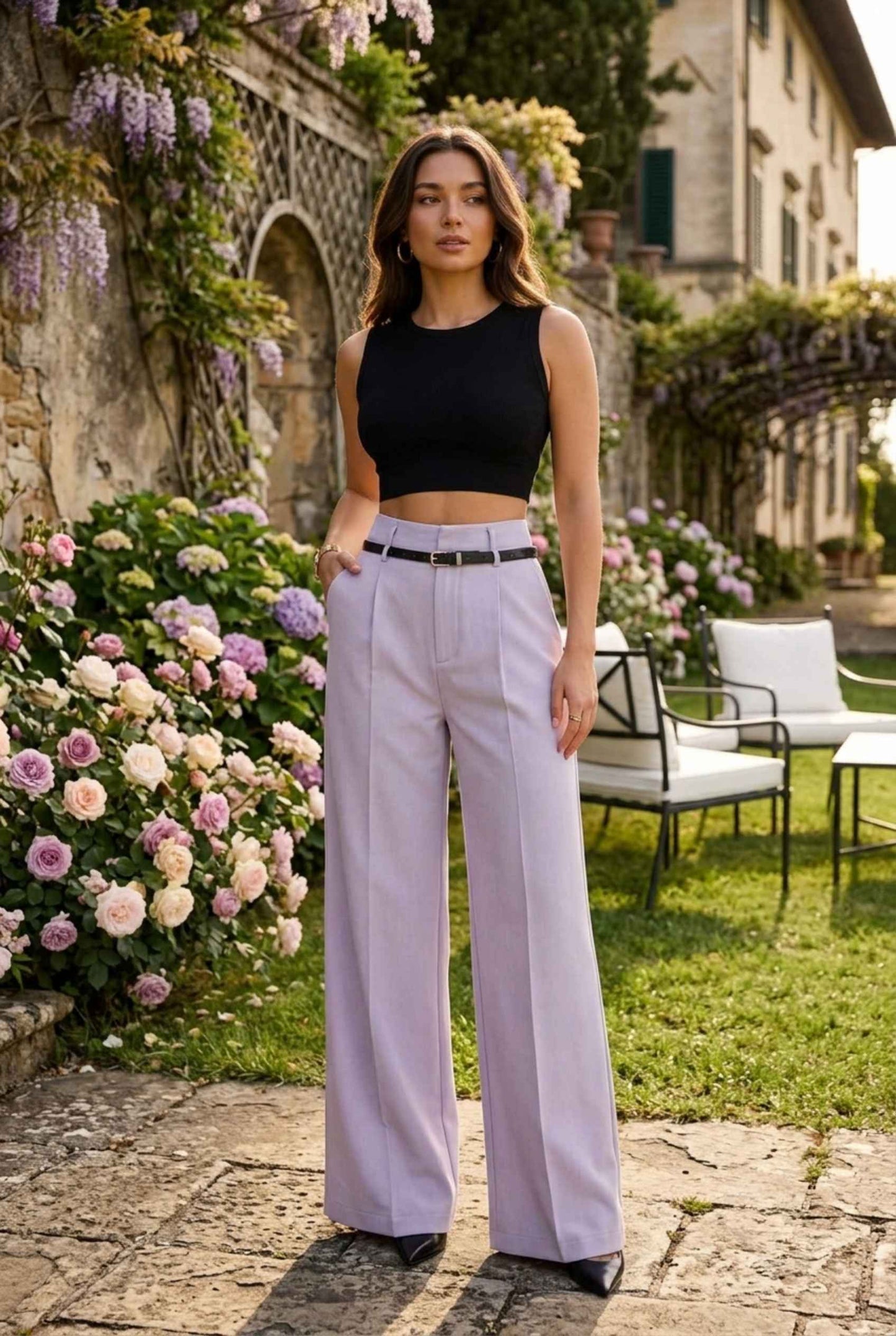Virtual Model wearing The Milan Pintuck Trouser High Waisted Wide Lavender Leg Pants