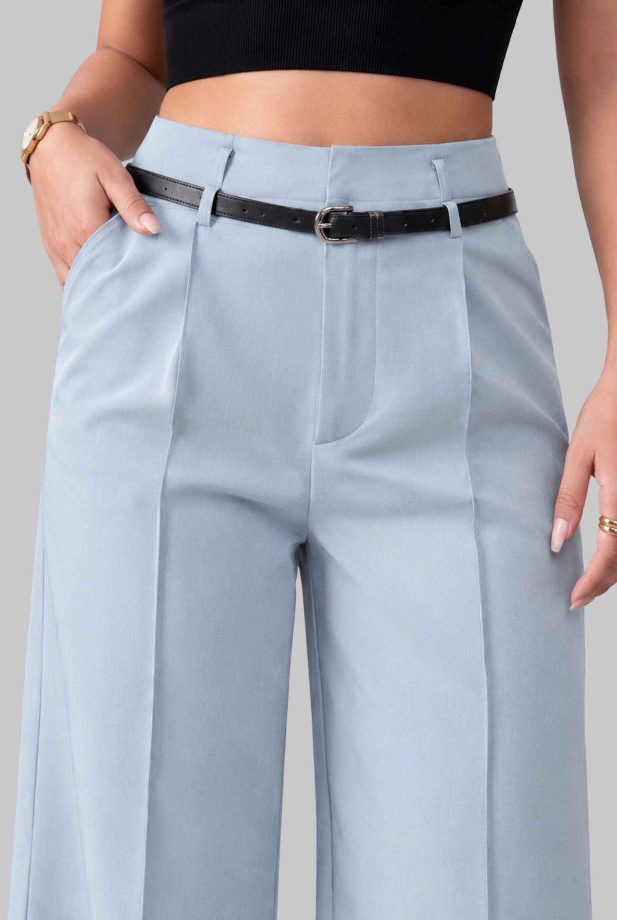 Virtual Model wearing The Milan Pintuck Trouser High Waisted Wide Pants in Light Blue