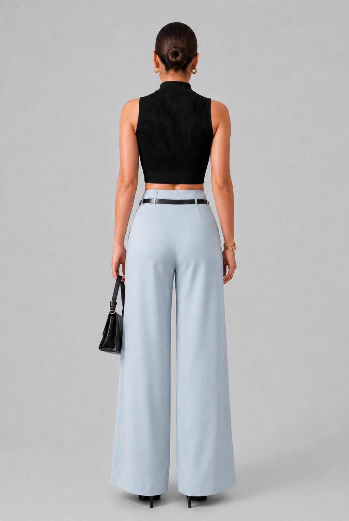 Virtual Model wearing The Milan Pintuck Trouser High Waisted Wide Pants in Light Blue