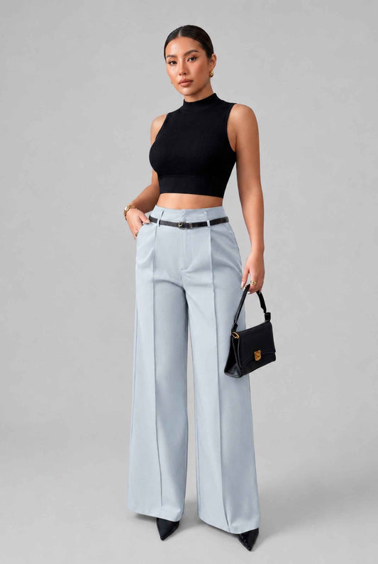 Virtual Model wearing The Milan Pintuck Trouser High Waisted Wide Pants in Light Blue