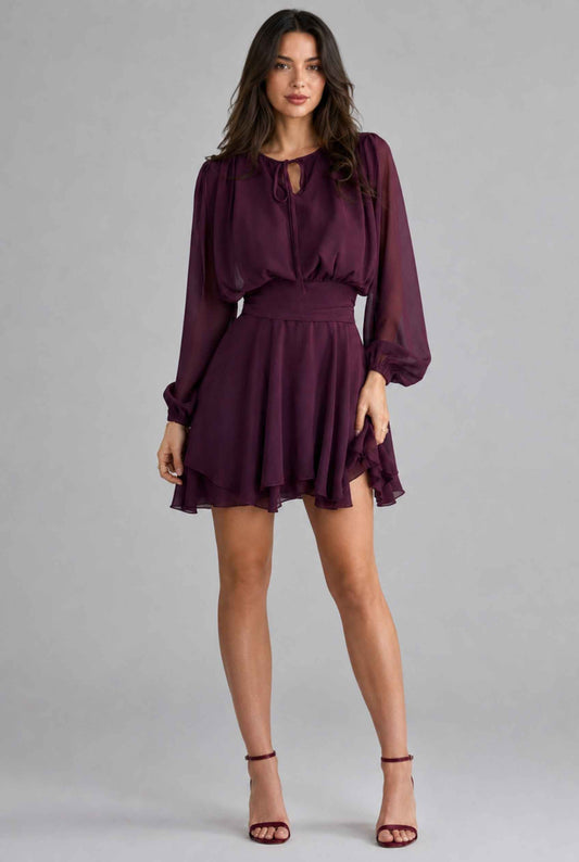 Virtual model wearing The Mirabel Chiffon Dress Layered Tie-Up Bishop Sleeve Mini Dress in Purple
