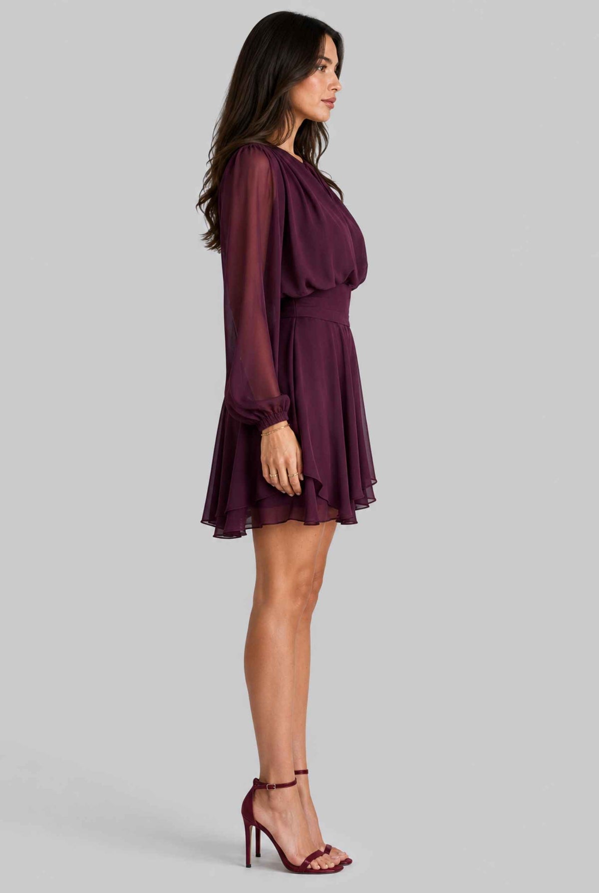 Virtual model wearing The Mirabel Chiffon Dress Layered Tie-Up Bishop Sleeve Mini Dress in Purple