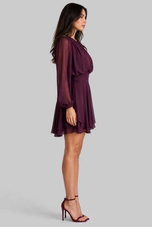 Virtual model wearing The Mirabel Chiffon Dress Purple Layered Tie-Up Bishop Sleeve Mini Dress