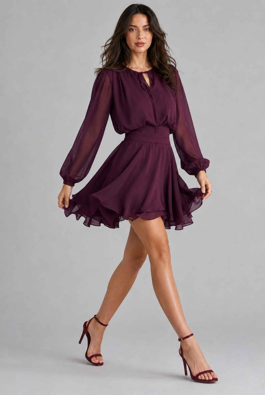 Virtual model wearing The Mirabel Chiffon Dress Purple Layered Tie-Up Bishop Sleeve Mini Dress