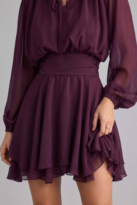 Virtual model wearing The Mirabel Chiffon Dress Purple Layered Tie-Up Bishop Sleeve Mini Dress