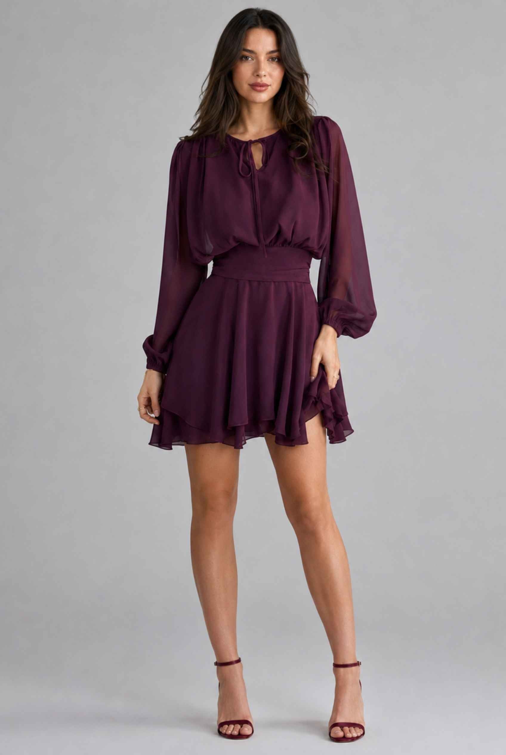 Virtual model wearing The Mirabel Chiffon Dress Purple Layered Tie-Up Bishop Sleeve Mini Dress
