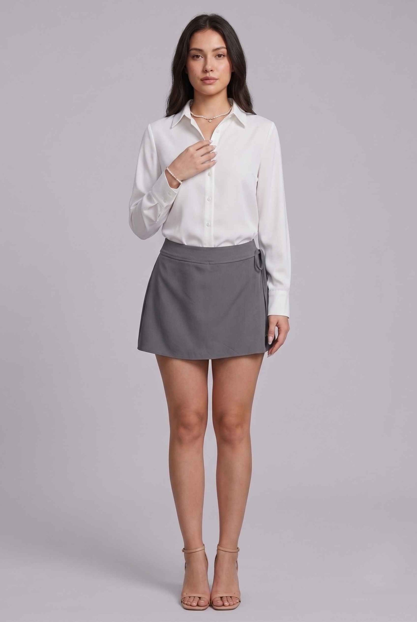 Virtual Model wearing The Mykonos Side-Tie Skort Asymmetrical Dark Gray Wrap Skort